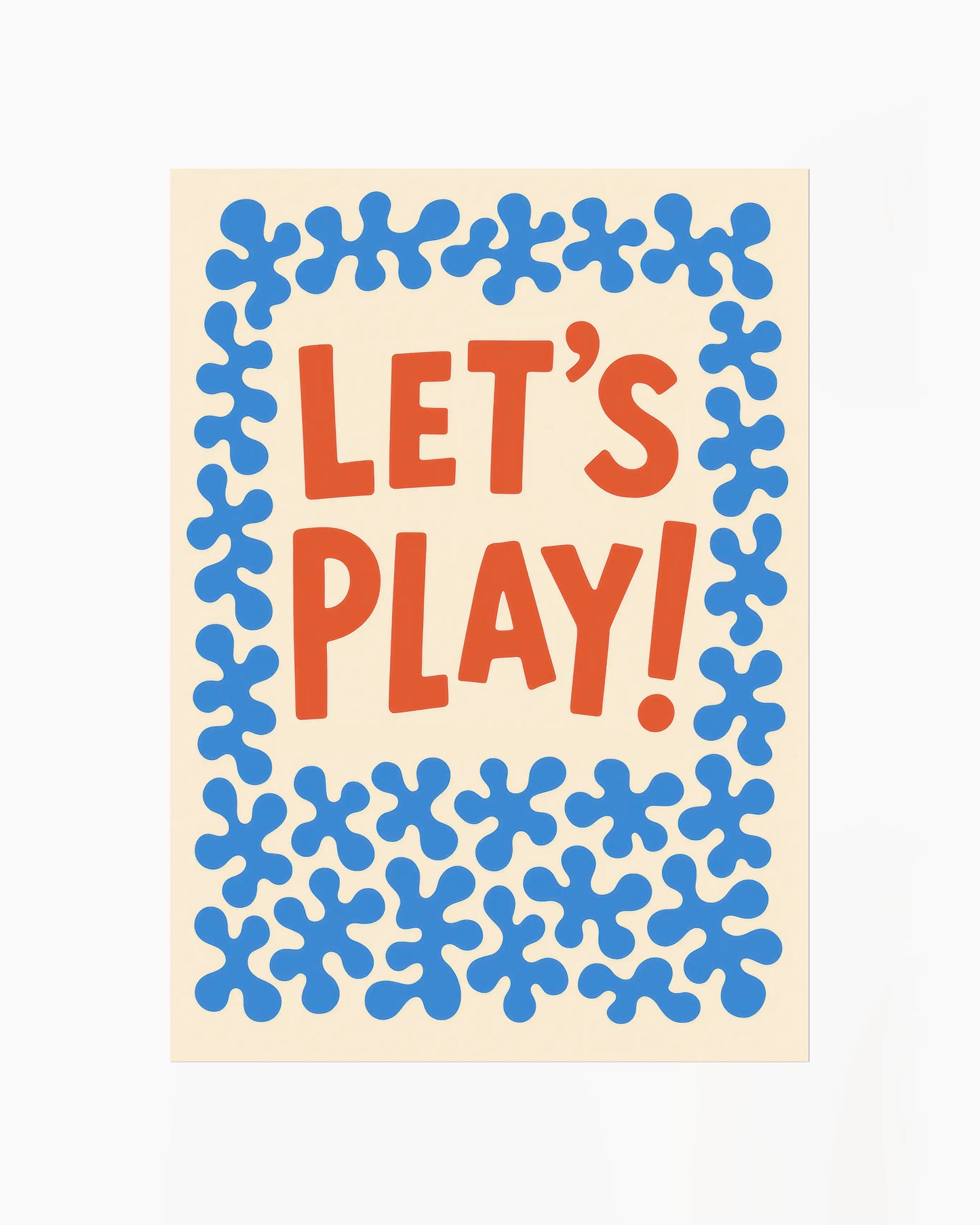 Poster with 'LET'S PLAY!' text in red and blue patterns on a beige background