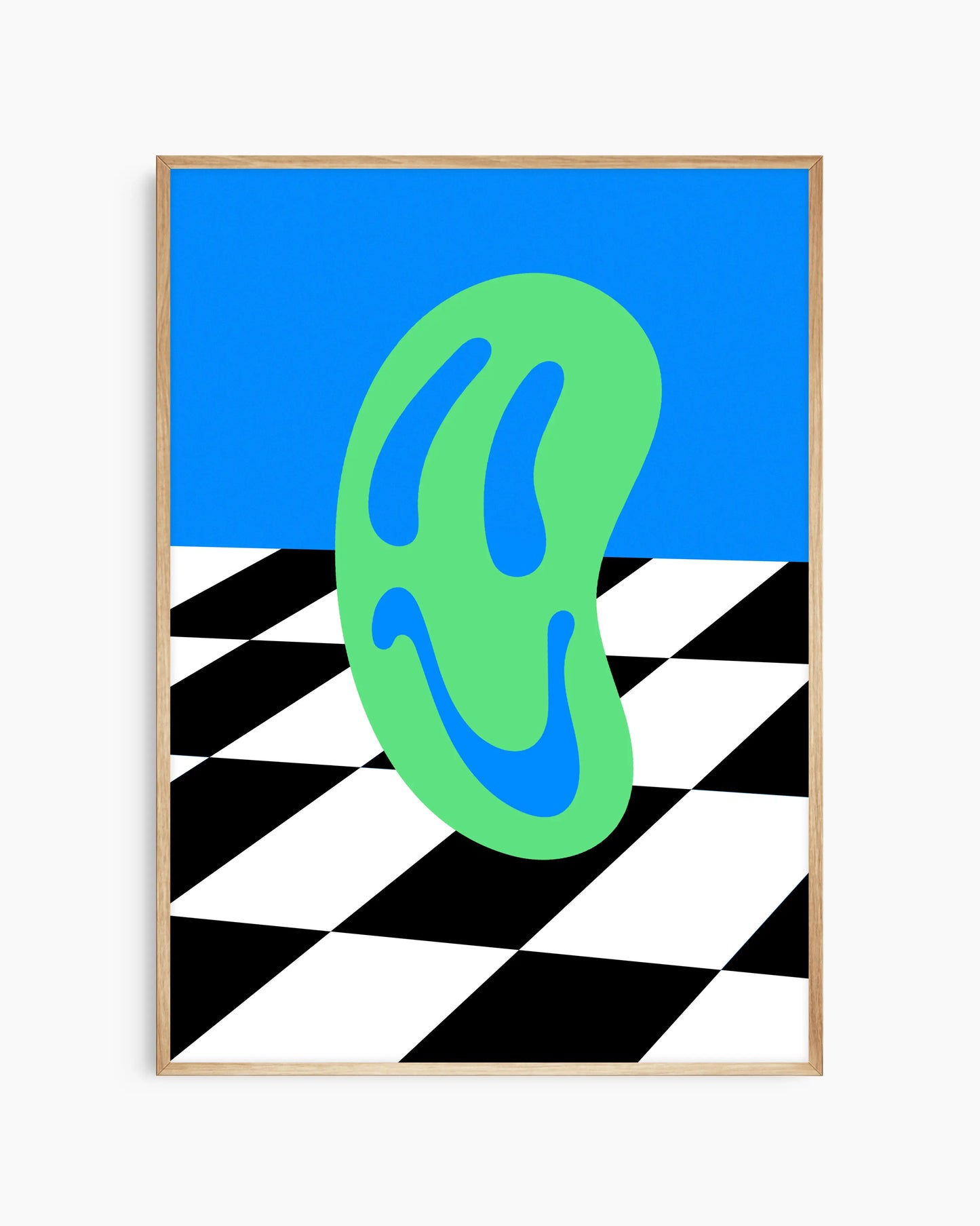 Children's poster of a green smiley on a blue background with black and white checkered pattern framed in an oak frame.