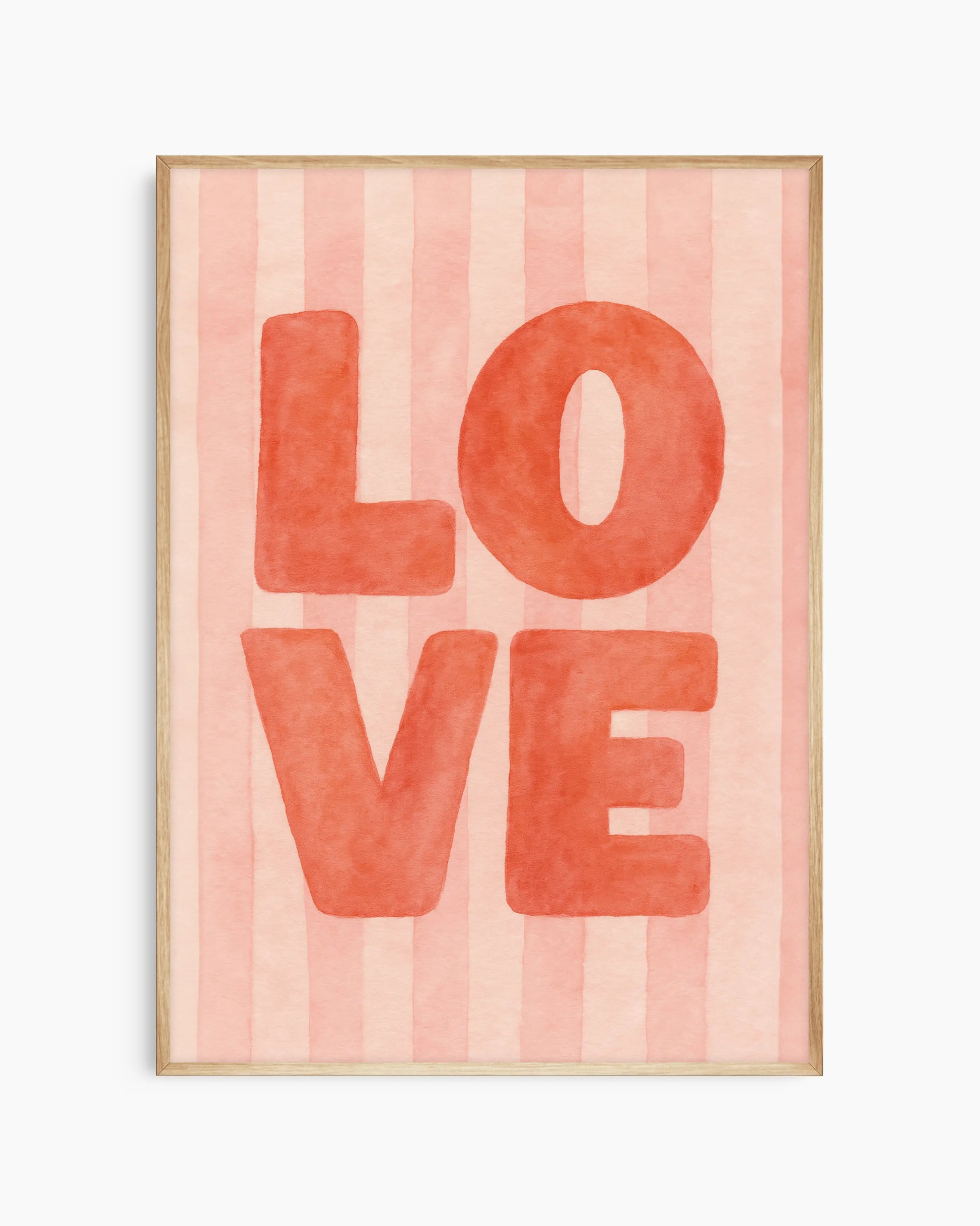 Children's poster with red 'LOVE' text on a striped pink background framed in an oak frame.