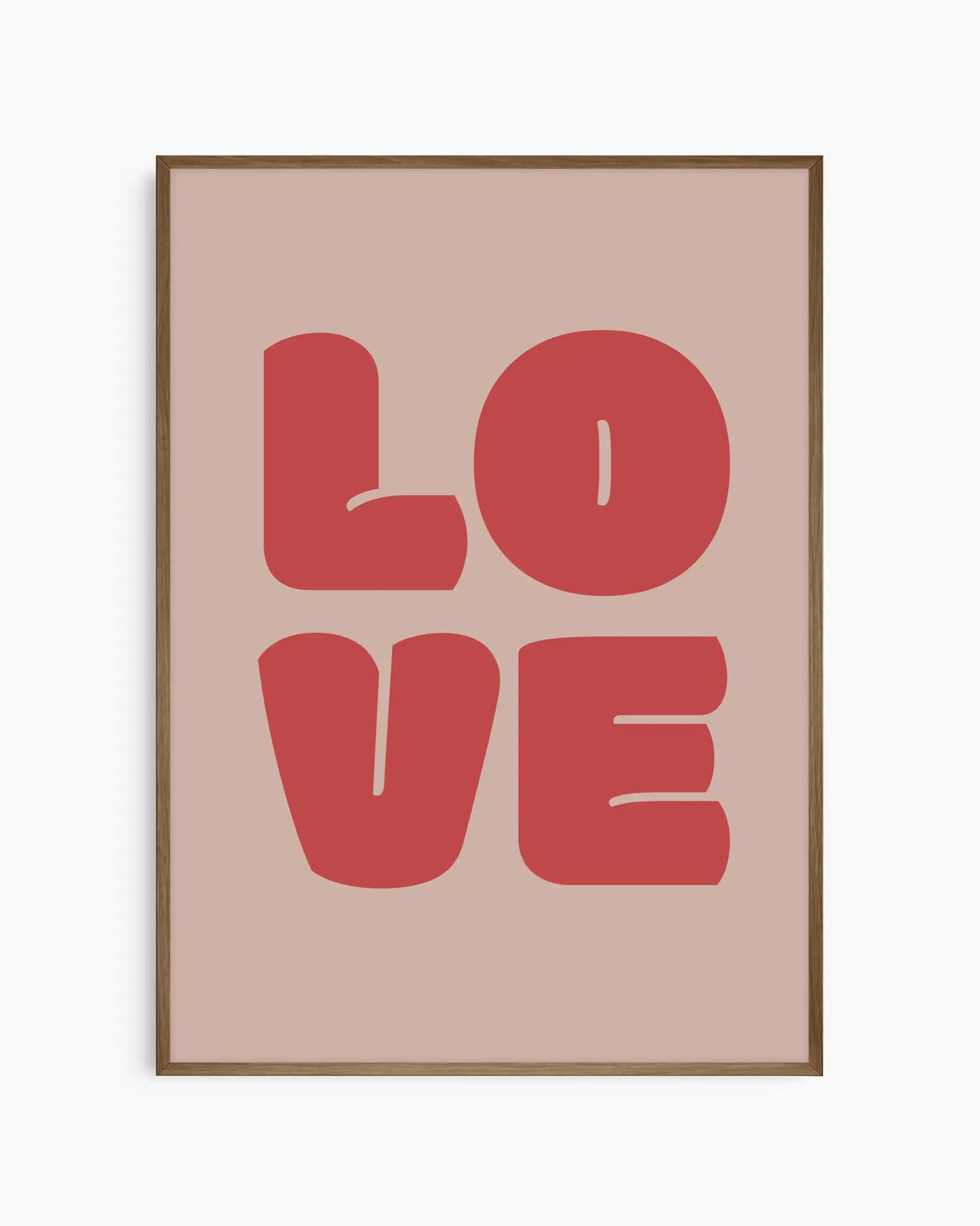 Children's poster with red 'LOVE' text framed in a dark oak frame.