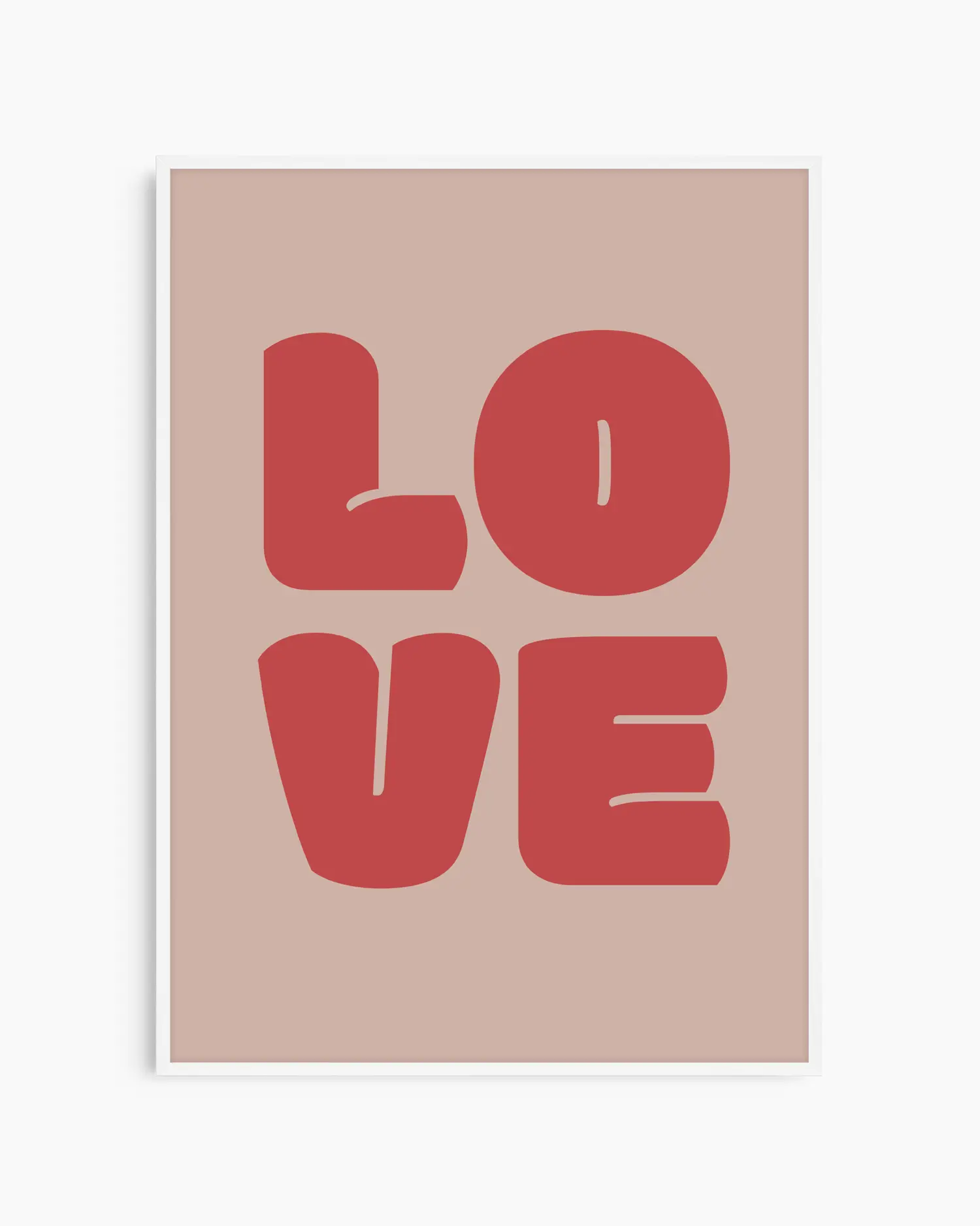 Children's poster with red 'LOVE' text framed in a white wooden frame.