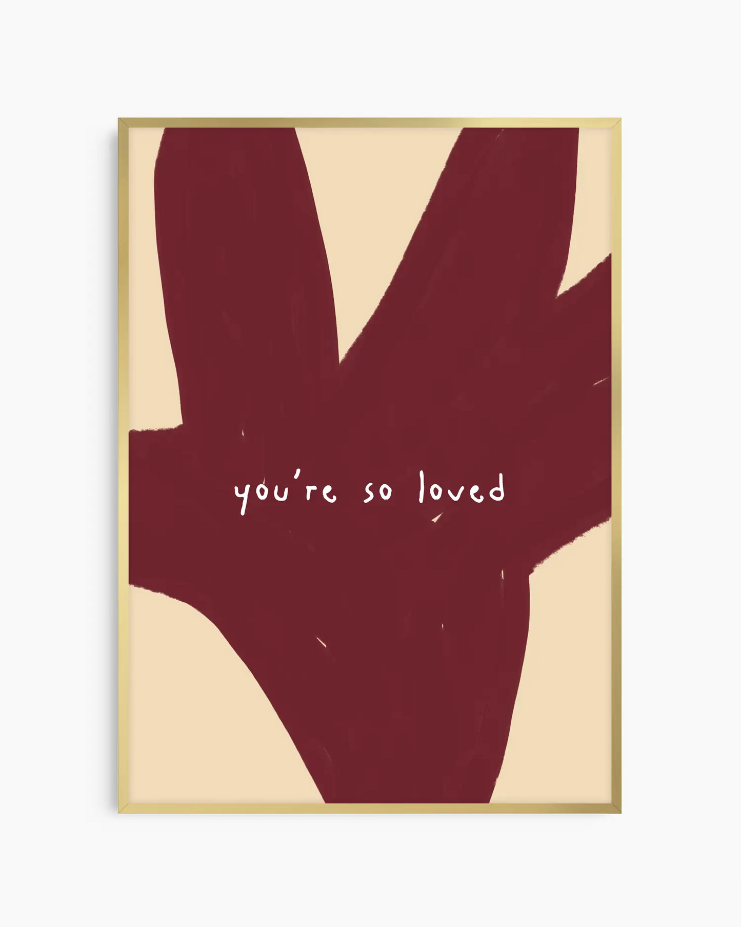 Red and beige nursery poster with the text 'you're so loved' framed in a gold frame.