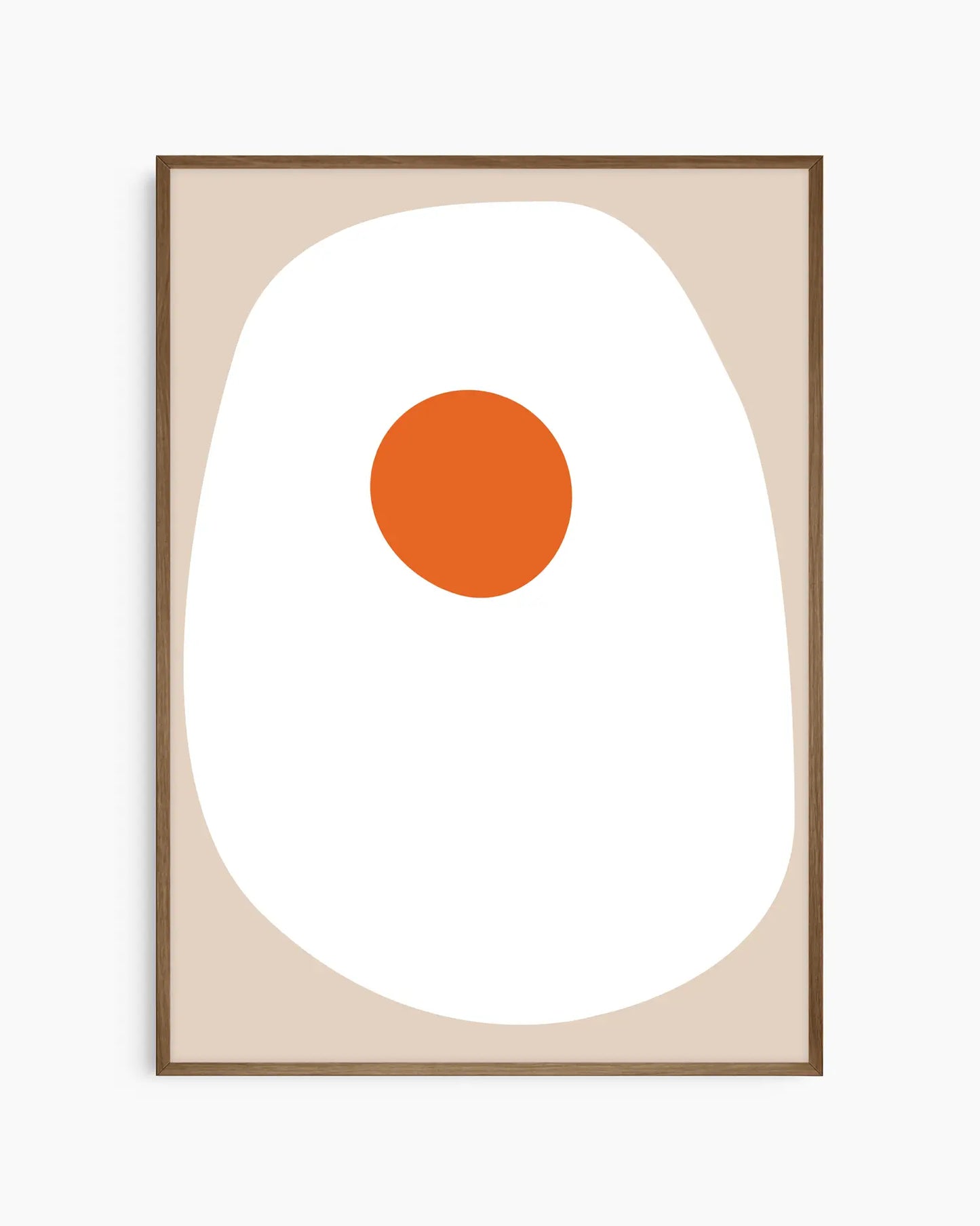 Nursery poster of a sunny side up fried egg on a beige background framed in a dark oak frame.
