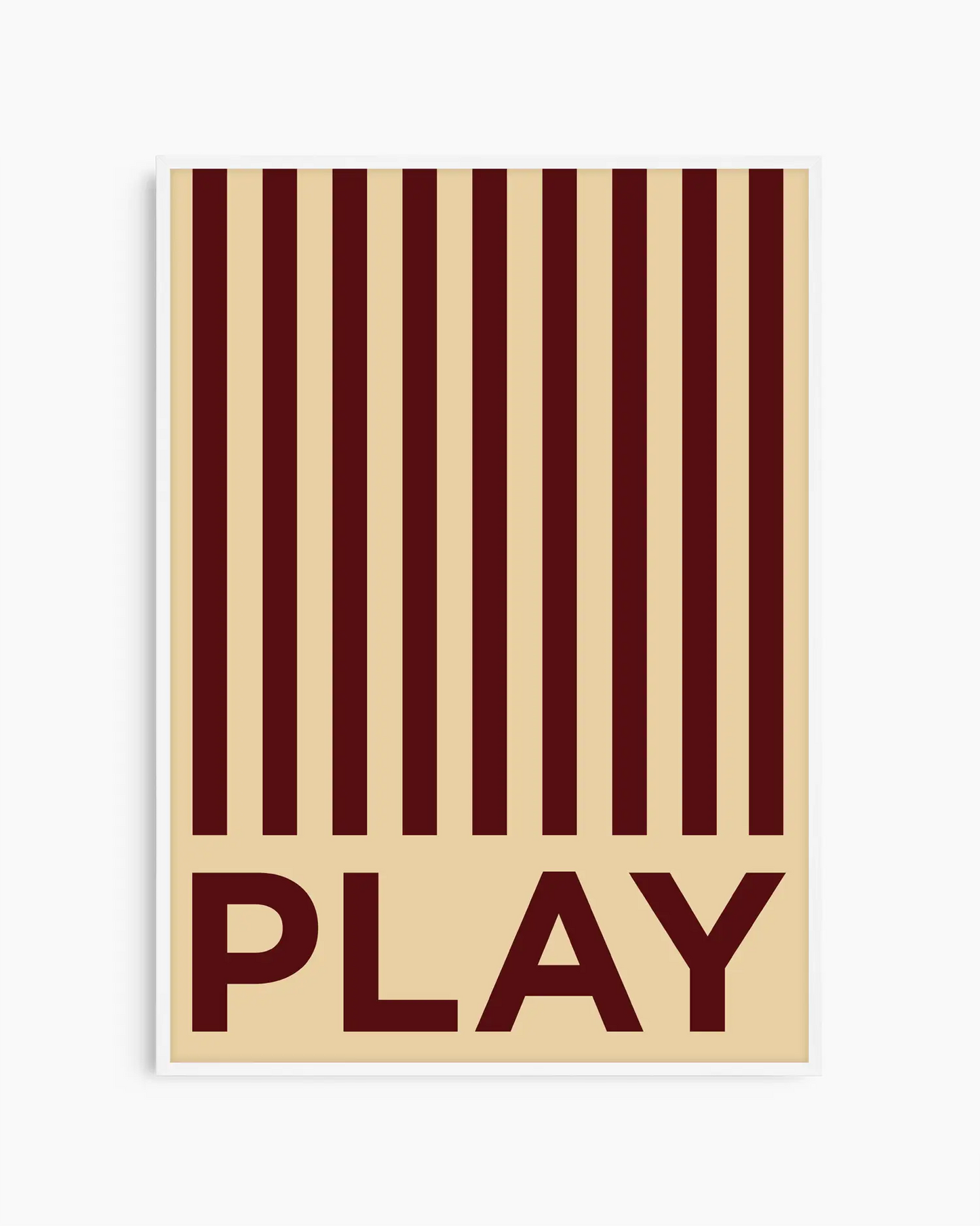 Beige nursery poster with brown stripes and the word 'PLAY' written on it framed in a white wooden frame