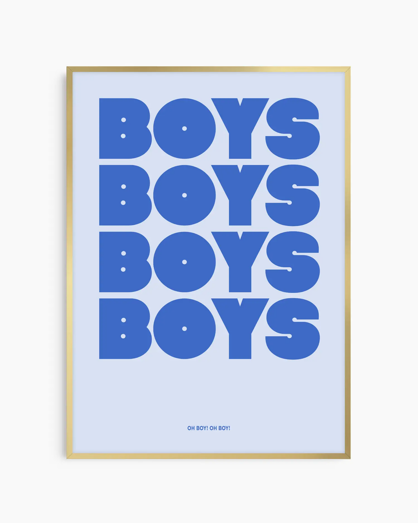 Nursery poster with repetitive text 'BOYS' in blue on a light blue background. Gold frame.
