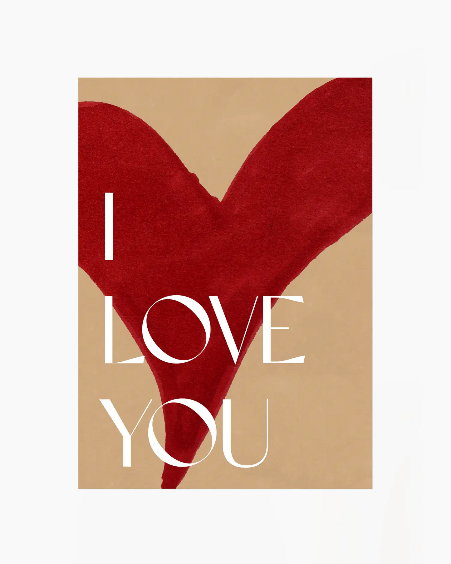 Nursery poster with red heart shape with 'I LOVE YOU' text on a beige background.