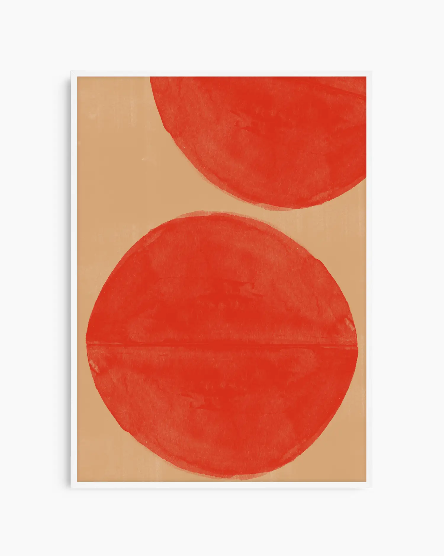 Warm, minimalist wall art in bright red tones on a bright red background, shown in a white frame.