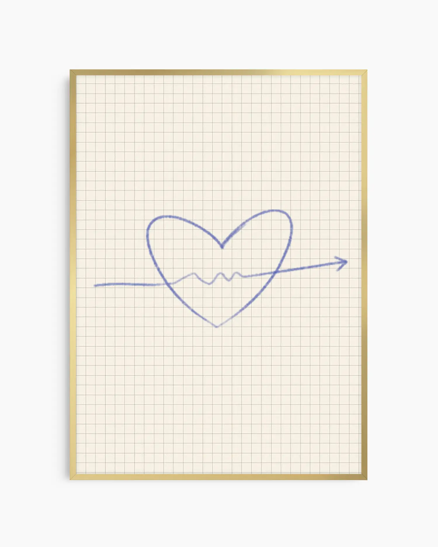 Heart-shaped line drawing on grid paper with a gold frame.