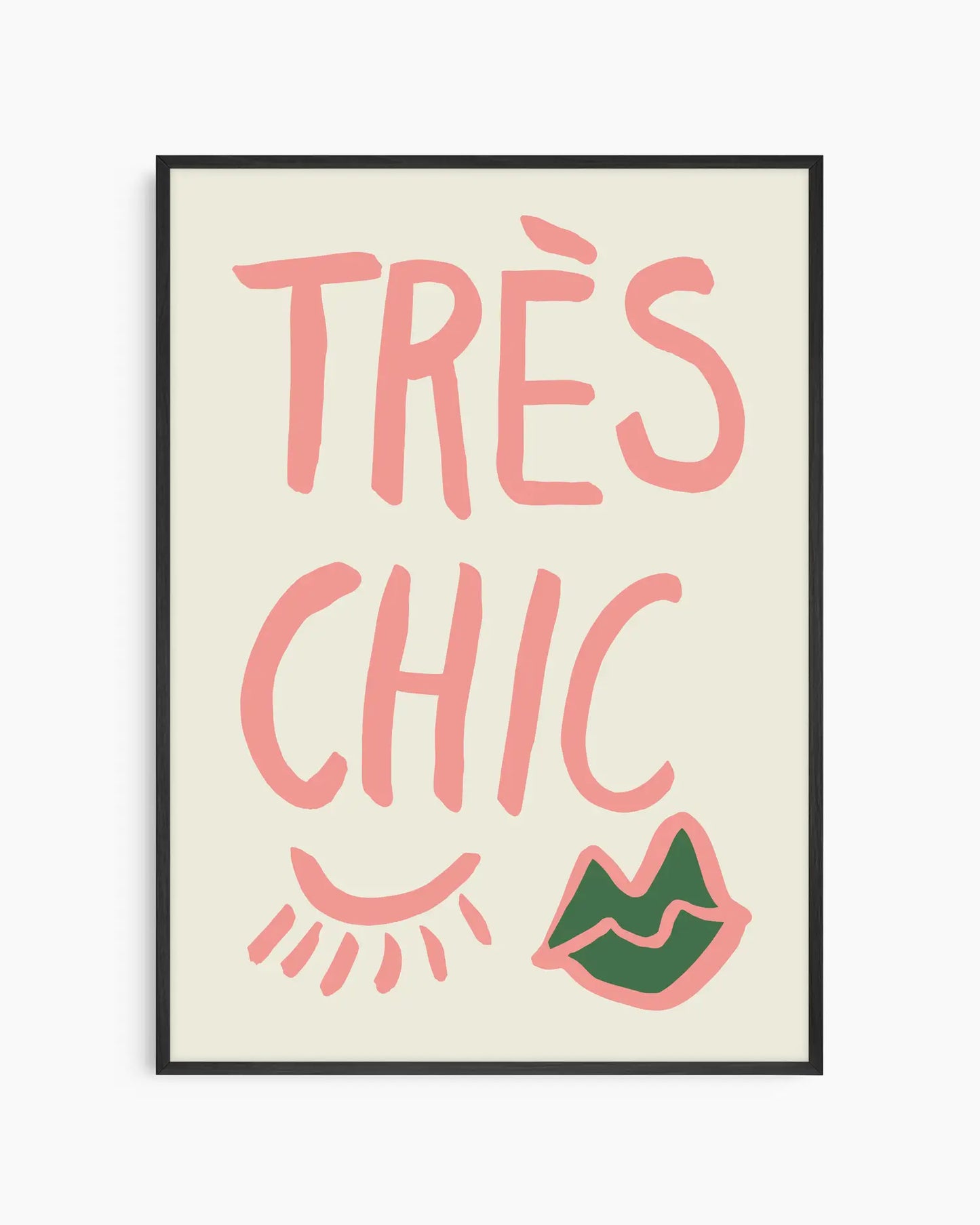 Framed artwork with 'Très Chic' text and decorative elements on a beige background