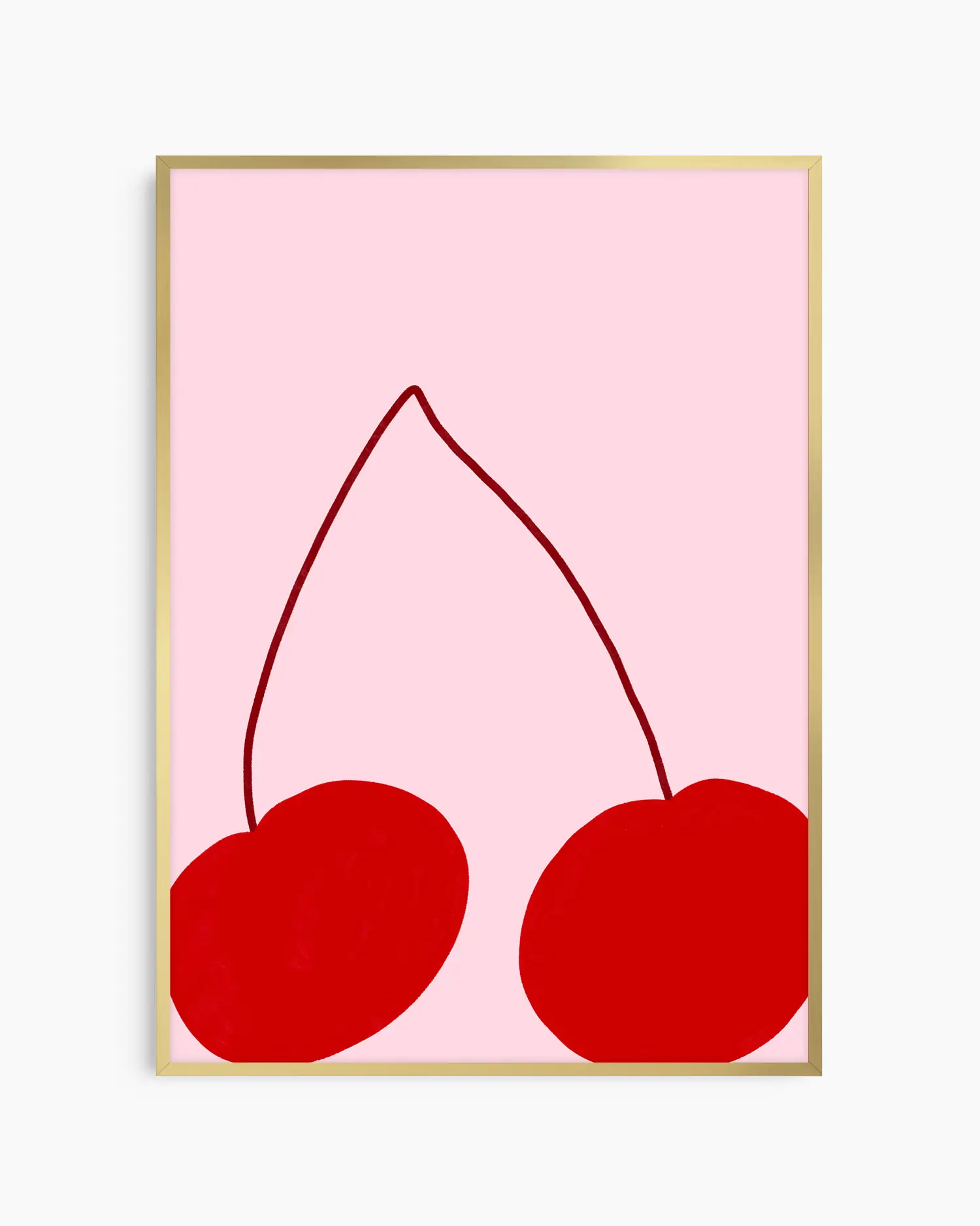 Framed artwork of two red cherries on a pink background
