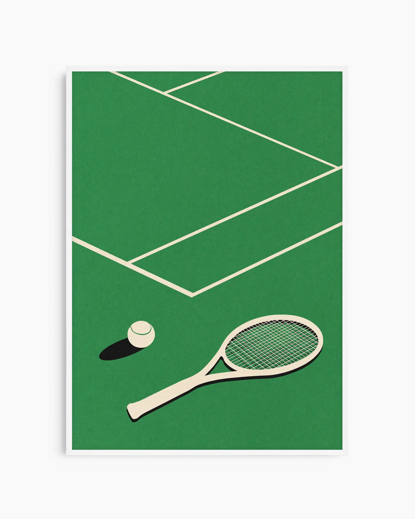 Tennis racket and ball on a green court with white lines