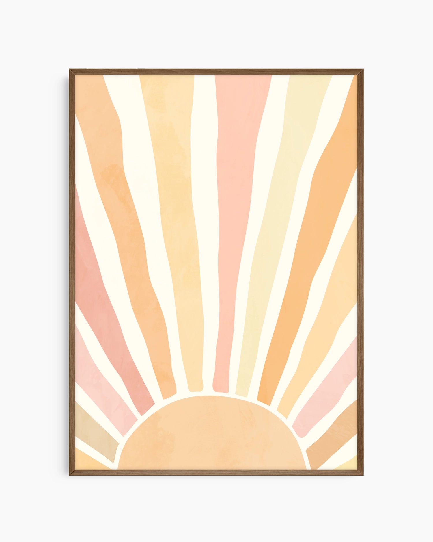 Framed abstract art print with a sunburst design in pastel colors on a white background