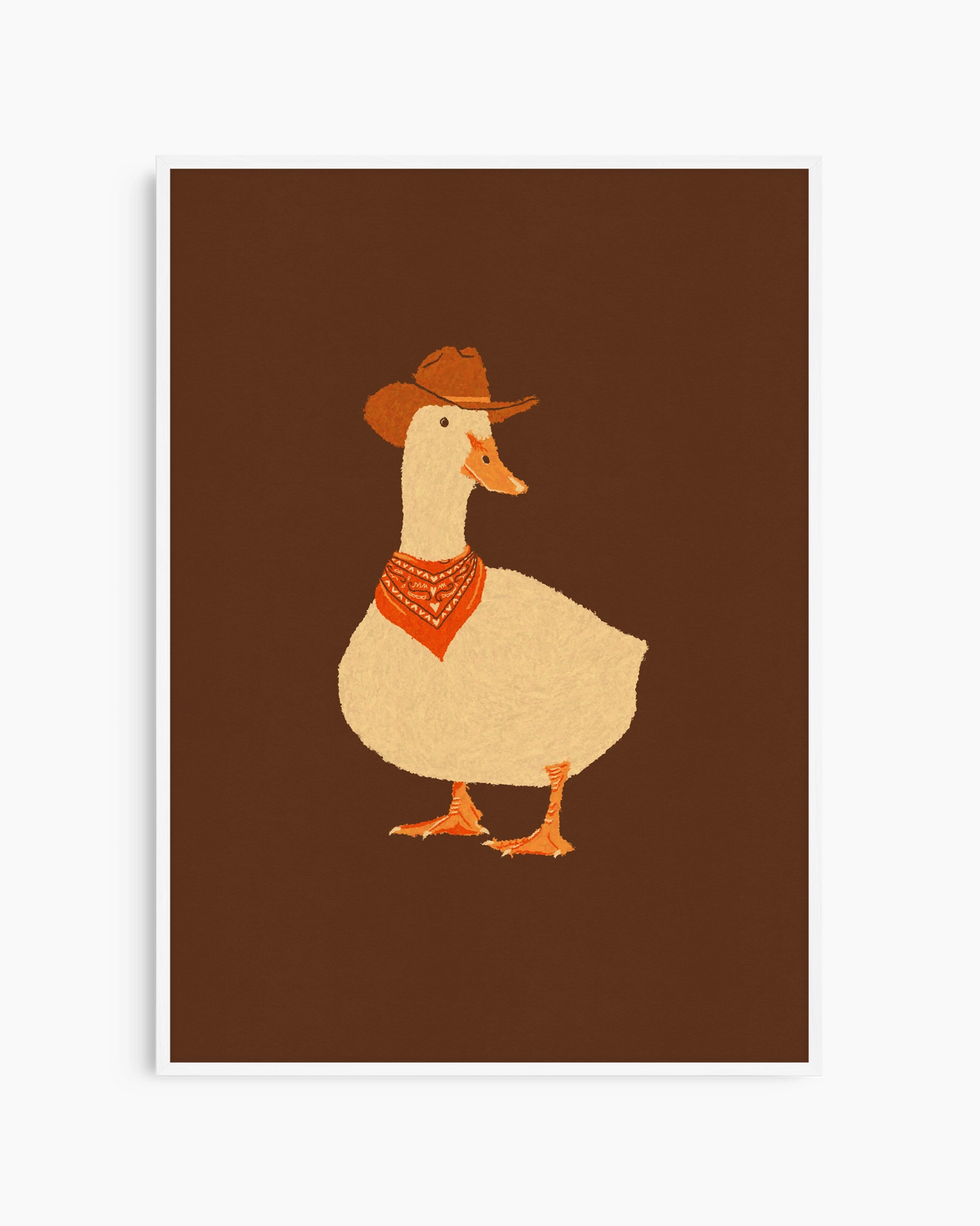 Illustration of a duck wearing a cowboy hat and bandana on a brown background