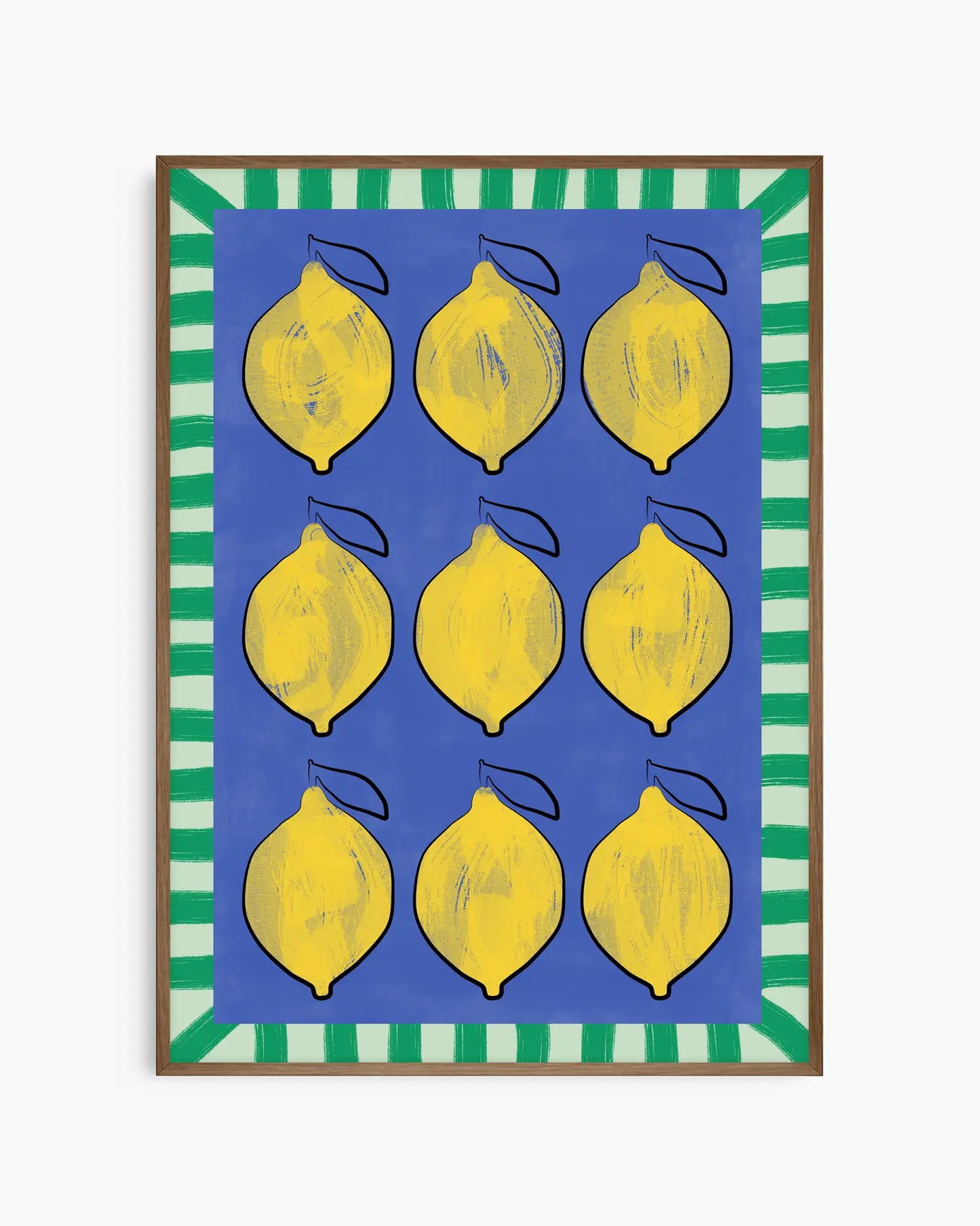 Framed artwork with yellow lemons on a blue background