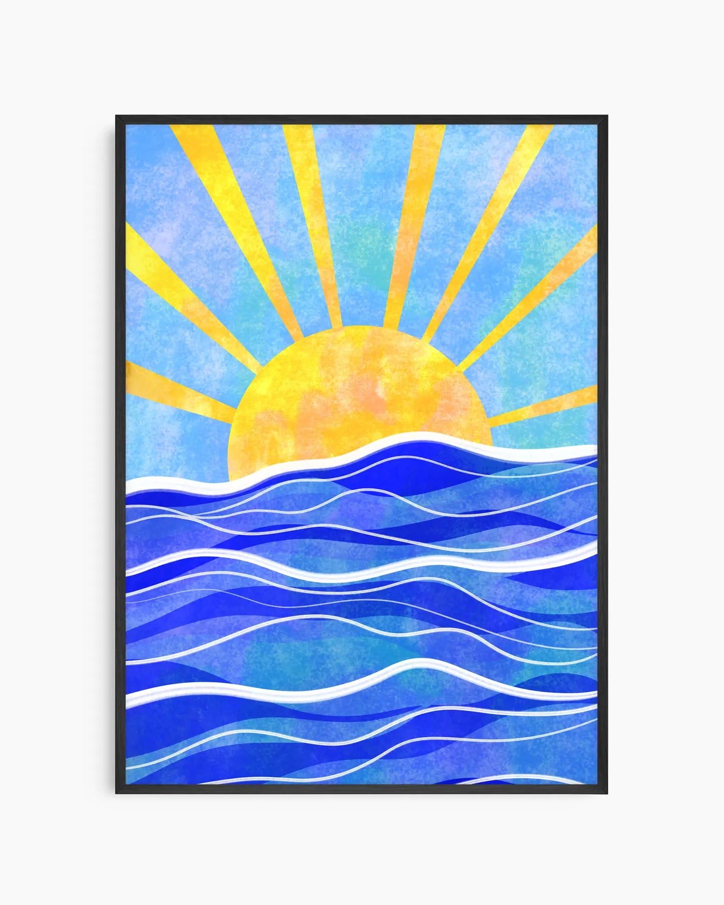 Framed artwork of a sun rising over water with blue sky and yellow rays.