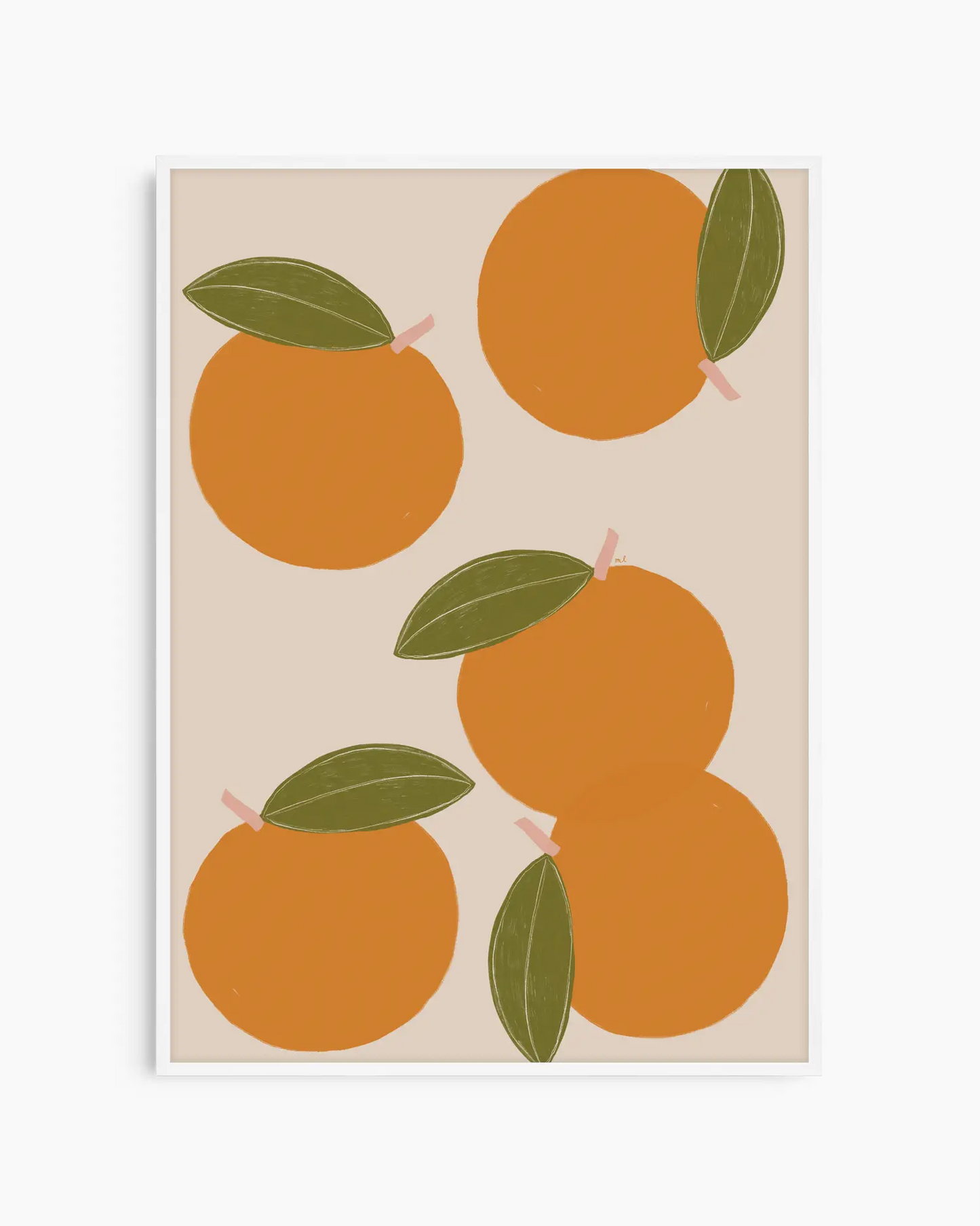 Illustration of oranges with green leaves on a beige background