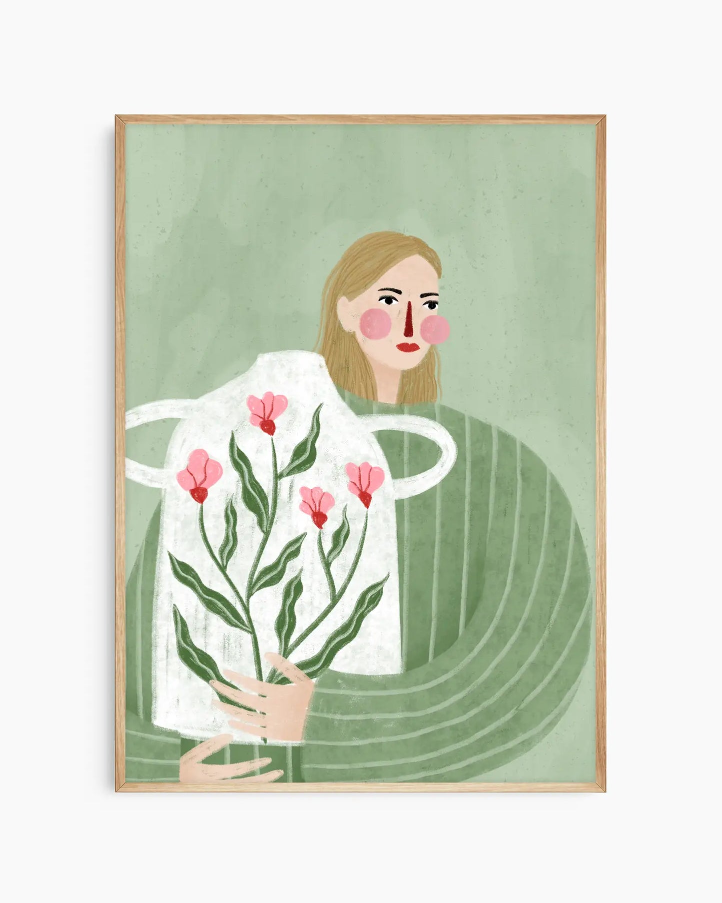 Framed artwork of a woman holding flowers against a green background