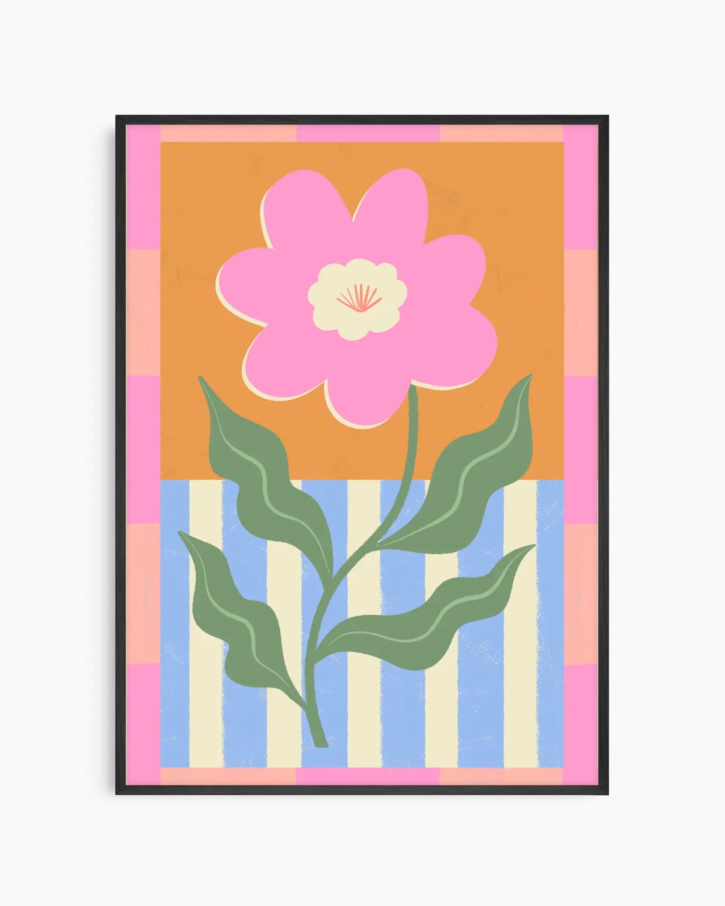 Framed artwork with a pink flower on an orange and blue striped background