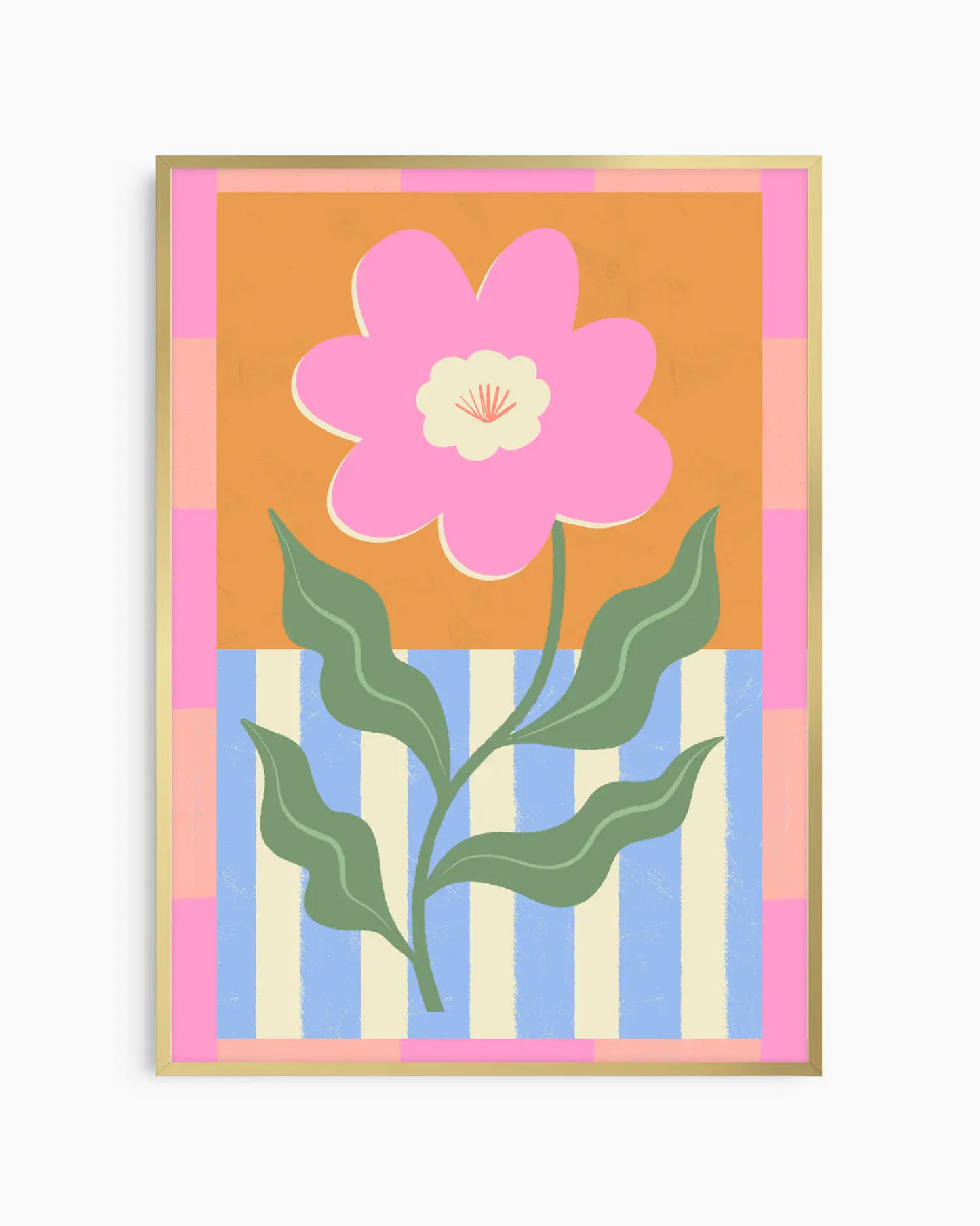 Framed artwork with a pink flower and green leaves on a multicolored striped background.