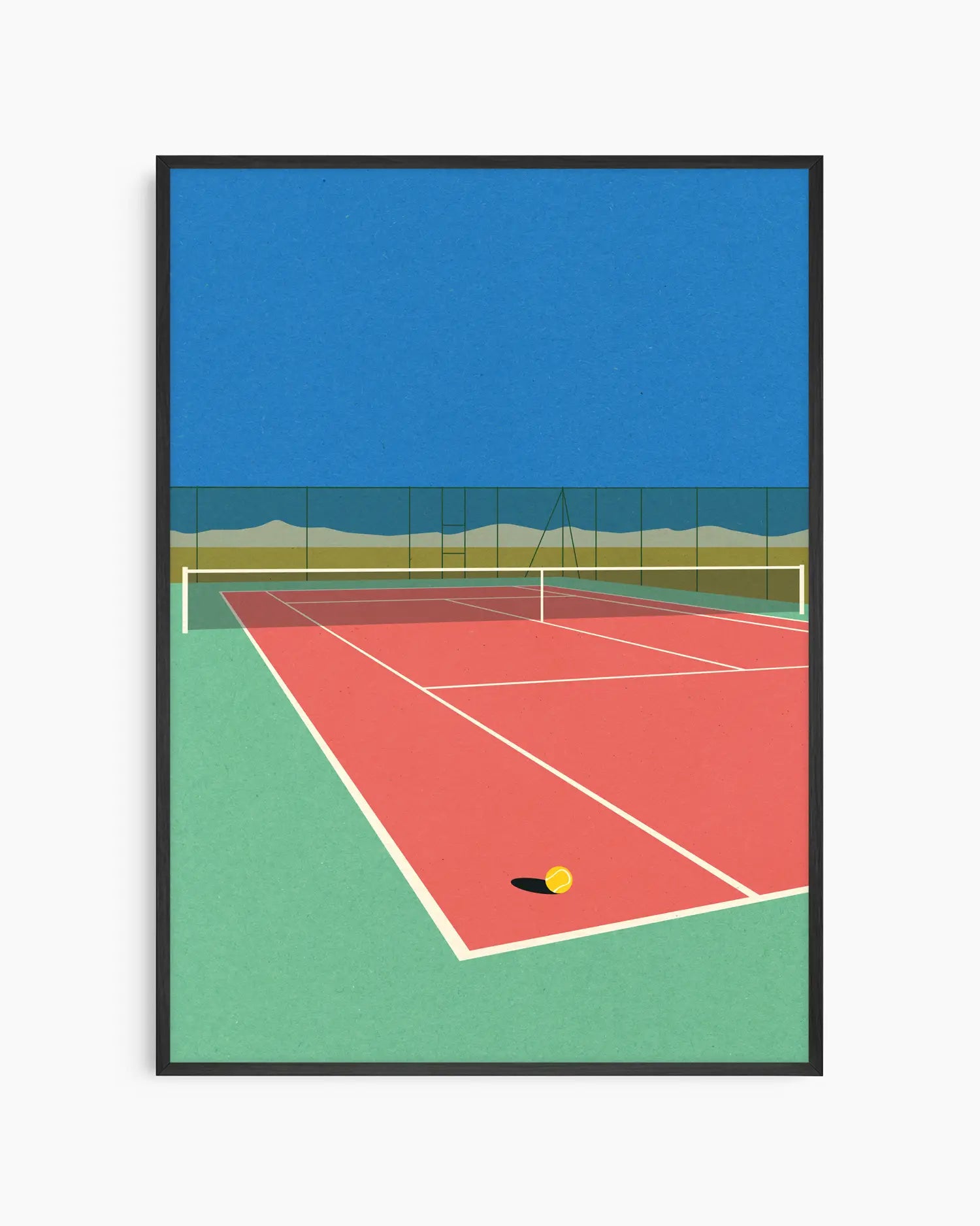 Framed artwork of a tennis court with a blue sky and green grass.