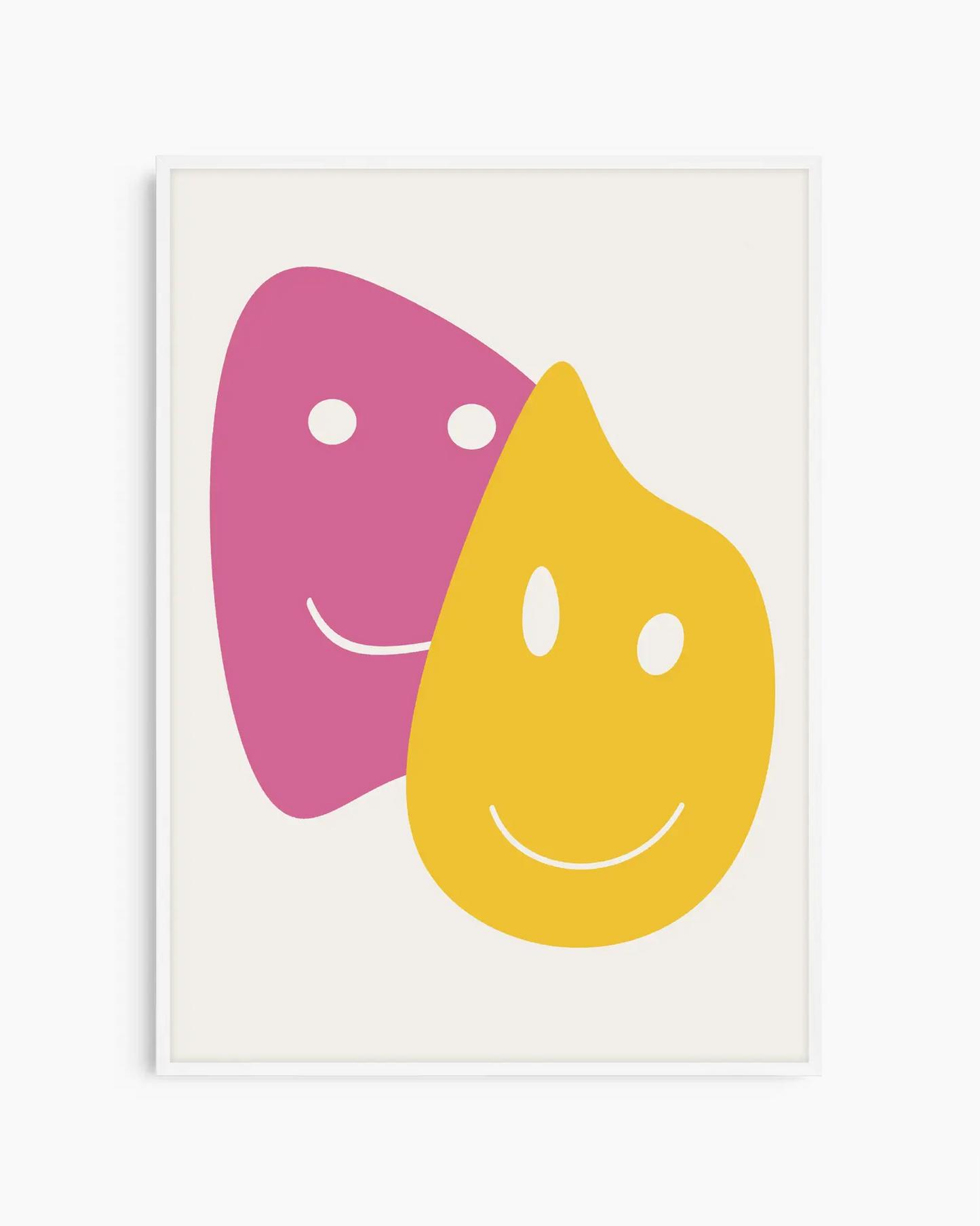 Two colorful smiley face shapes, one pink and one yellow, on a white background.
