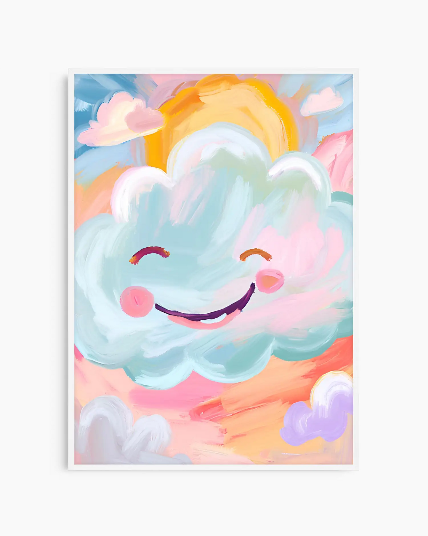 Colorful cloud with a smiley face on a pastel sky background
