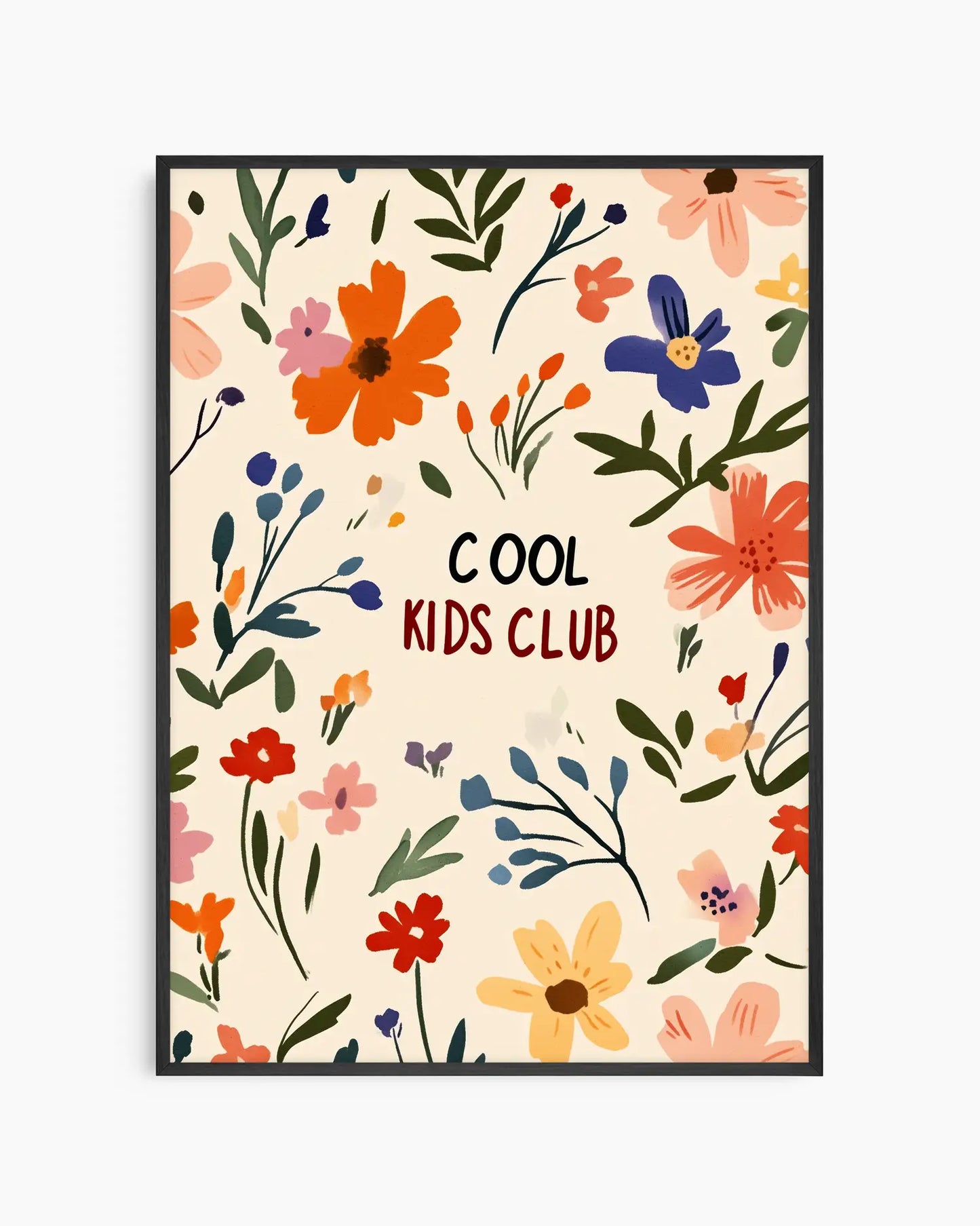 Poster with colorful floral design and 'Cool Kids Club' text on a beige background