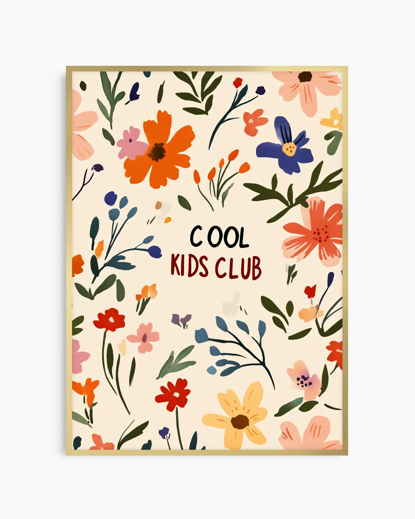 Poster with colorful floral design and 'Cool Kids Club' text on a beige background