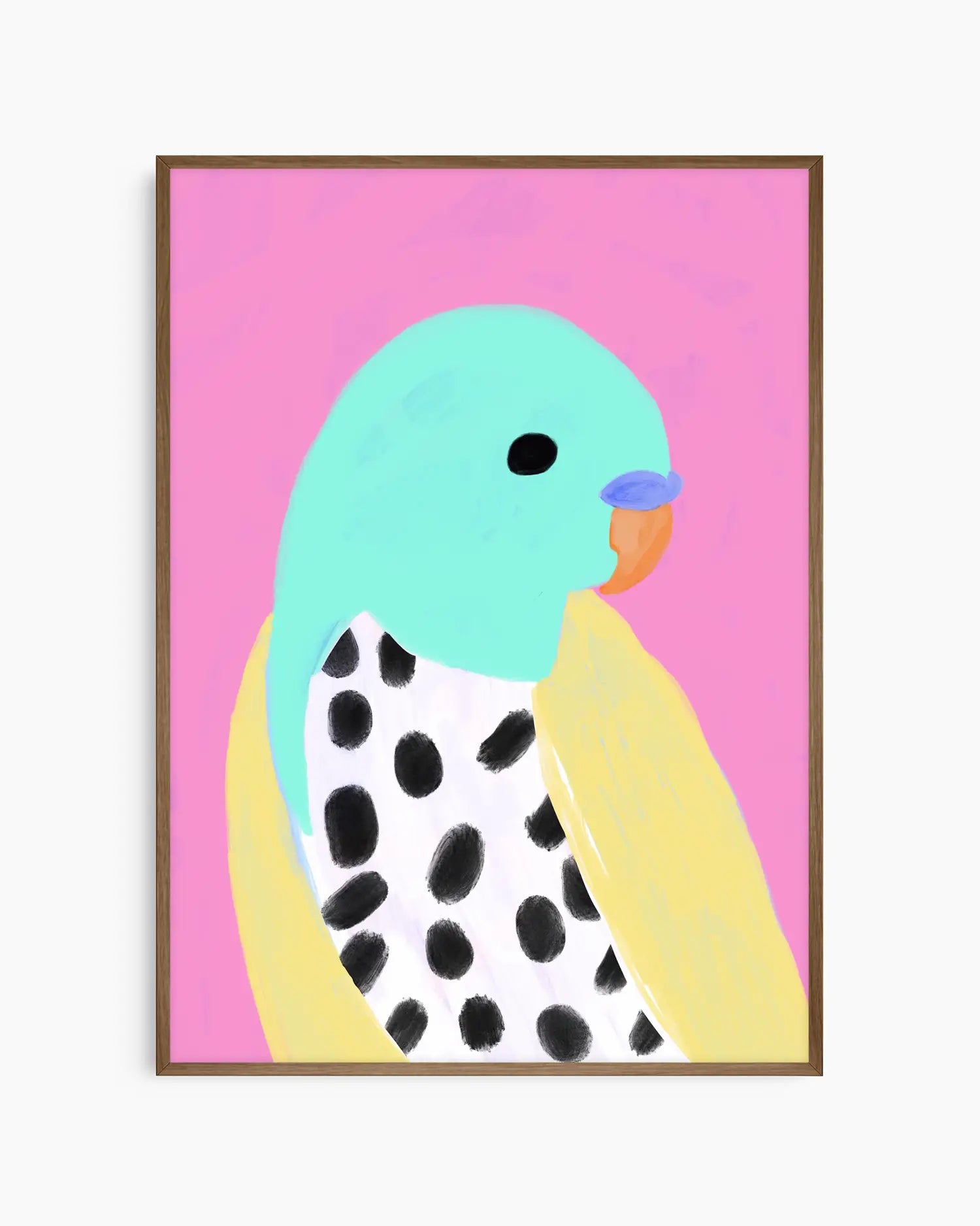Framed artwork of a colorful bird with a pink background