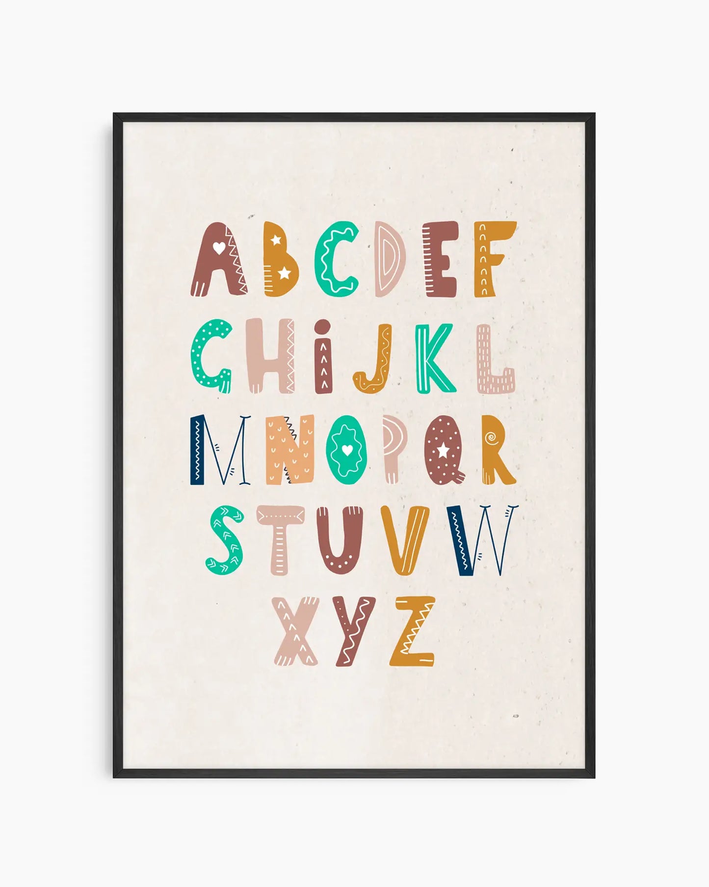 Framed alphabet poster with colorful letters on a white background