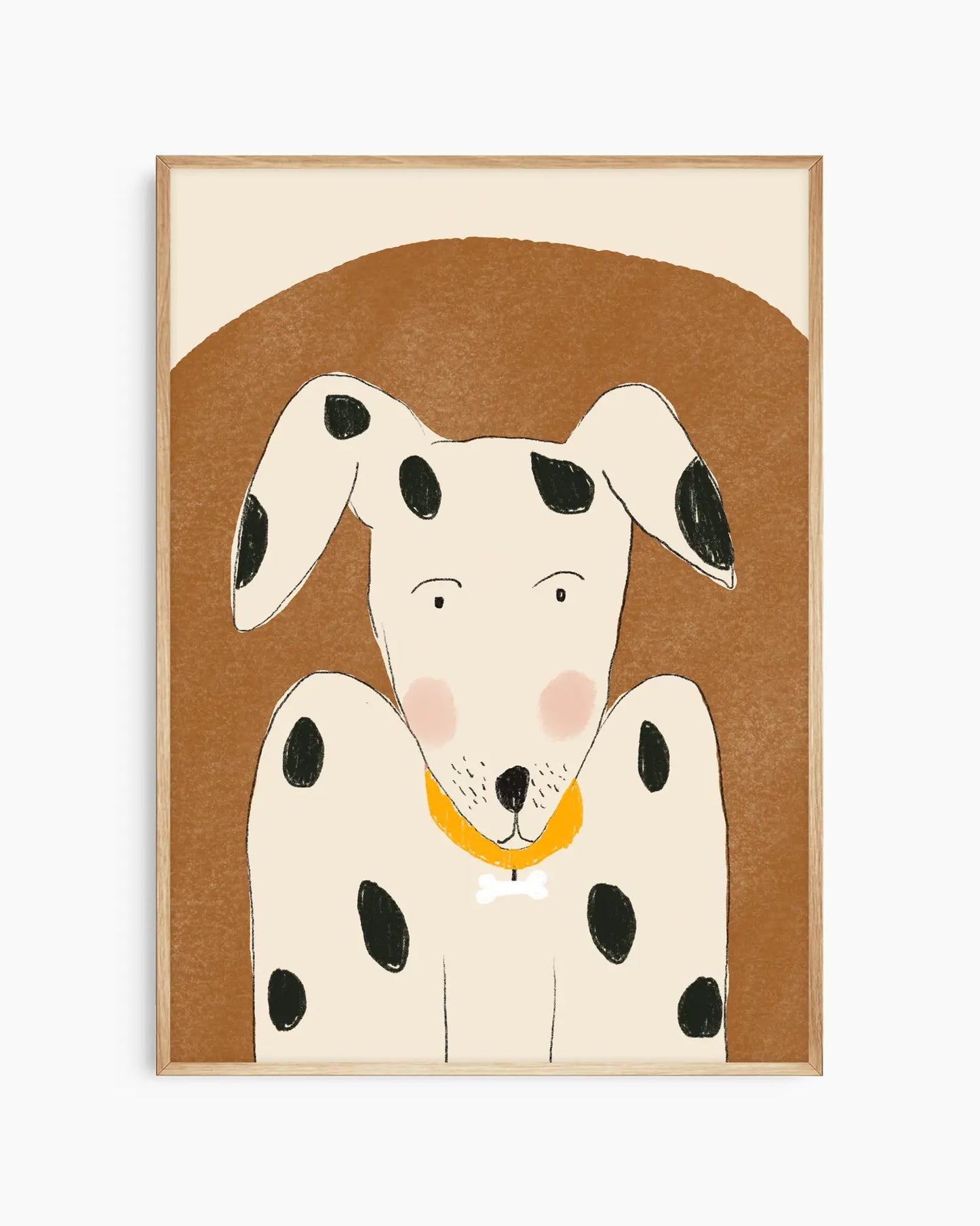Framed artwork of a dalmatian dog with a brown background