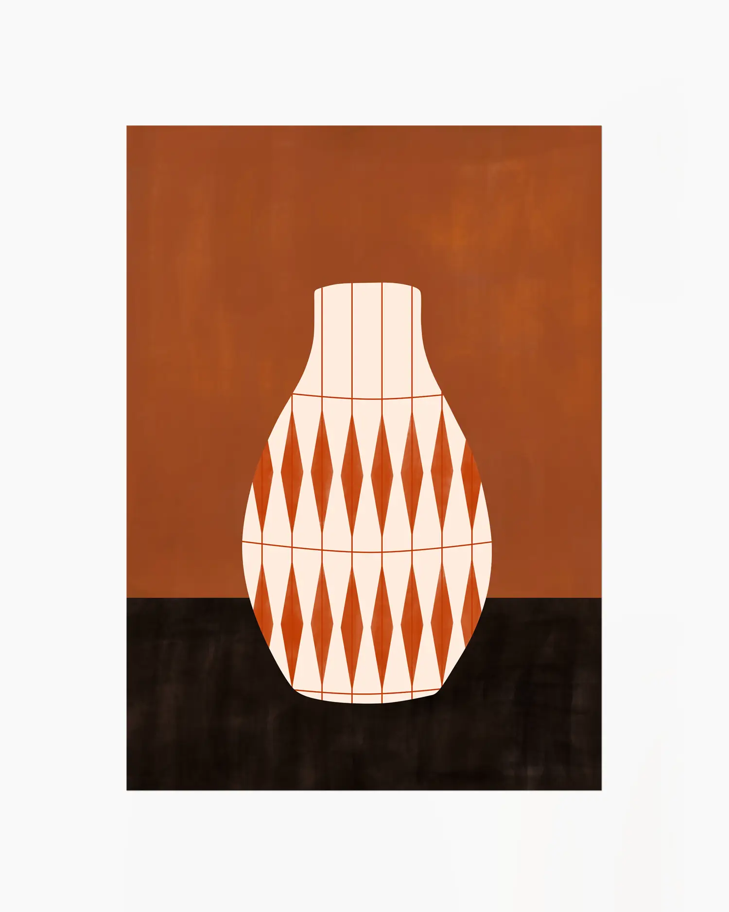 Artwork of a geometric vase design on a brown and black background.