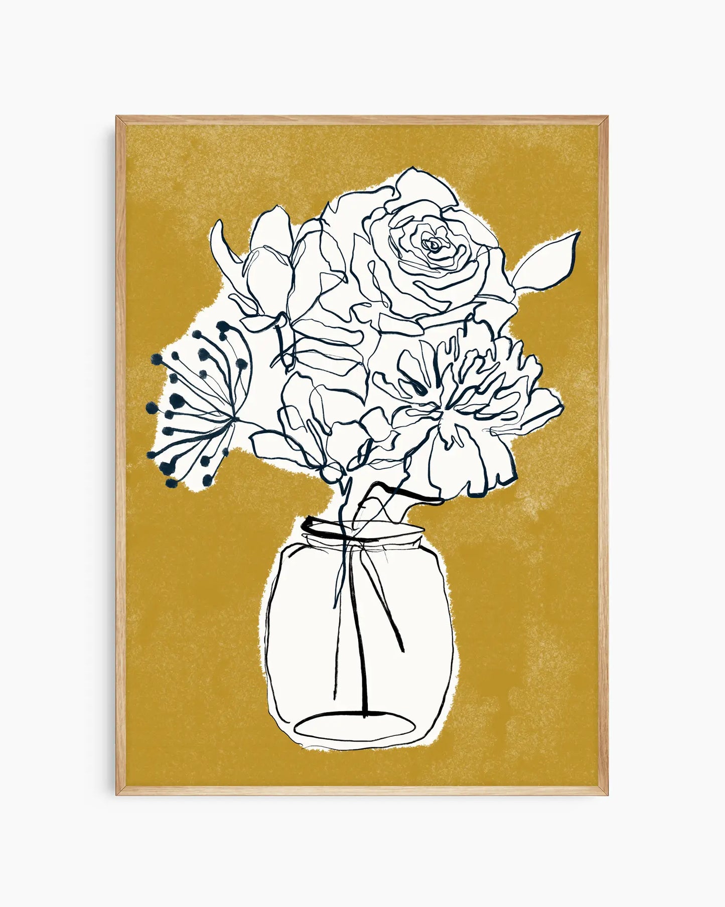 Black line art of flowers in a jar on a mustard yellow background