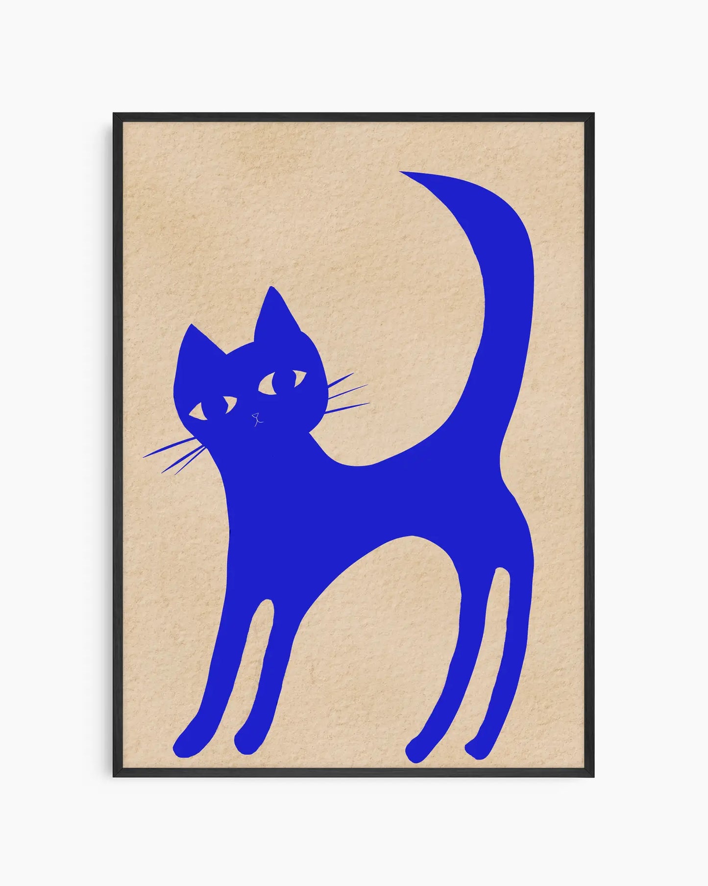 Framed artwork of a blue cat on beige background
