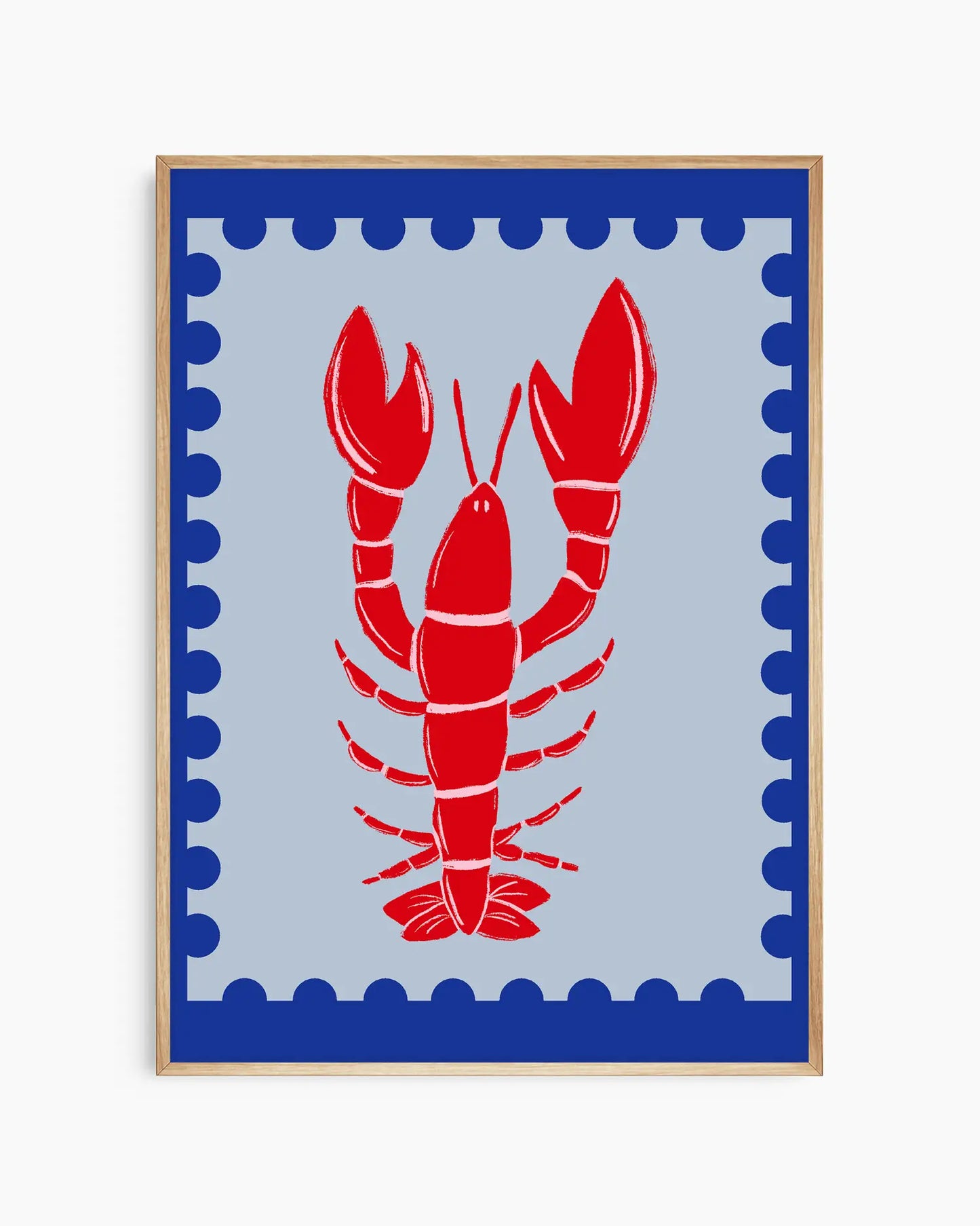 Framed artwork with a red lobster on a blue background