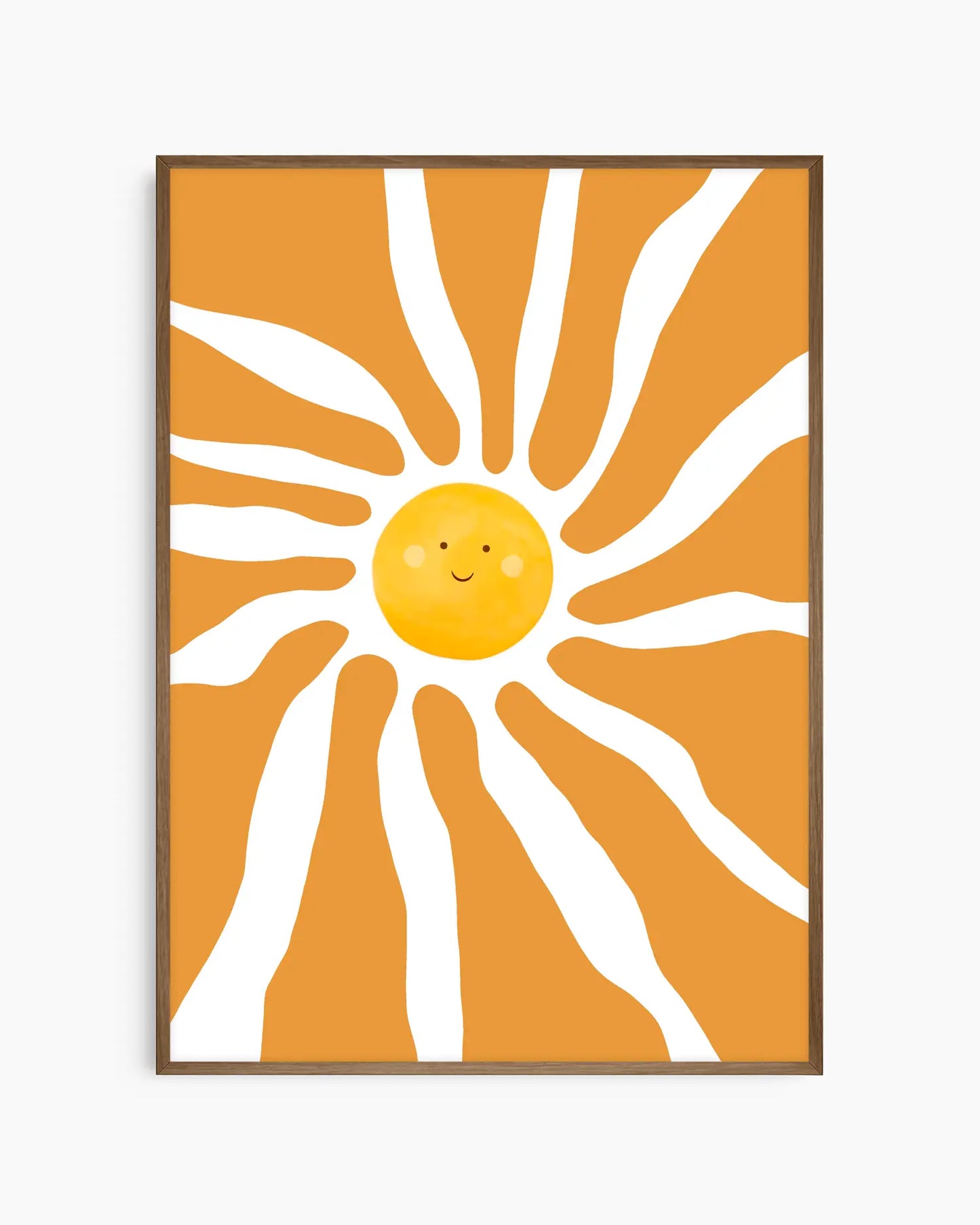 Framed artwork of a sun with a smiling face on an orange background