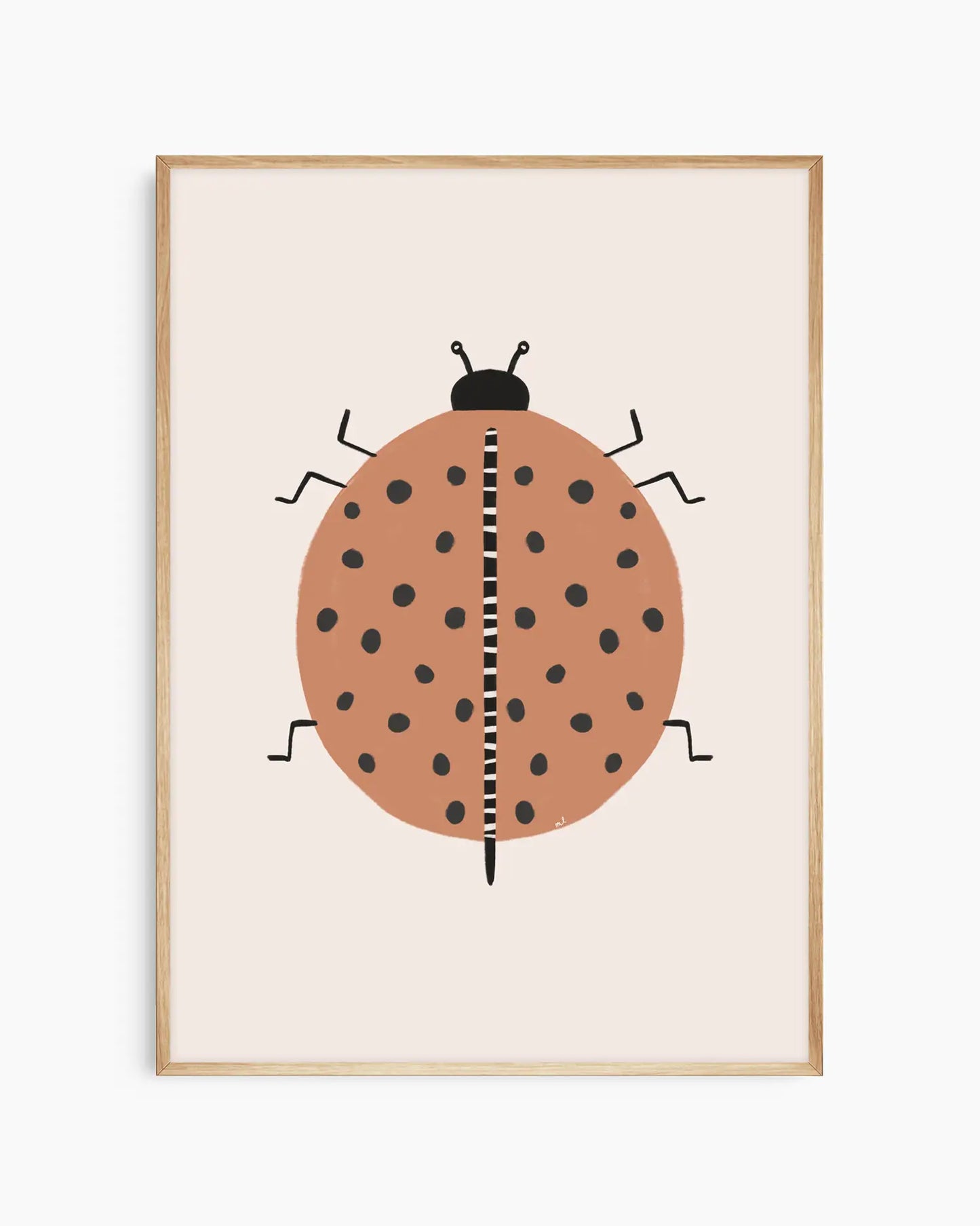 Framed artwork of a ladybug on a beige background