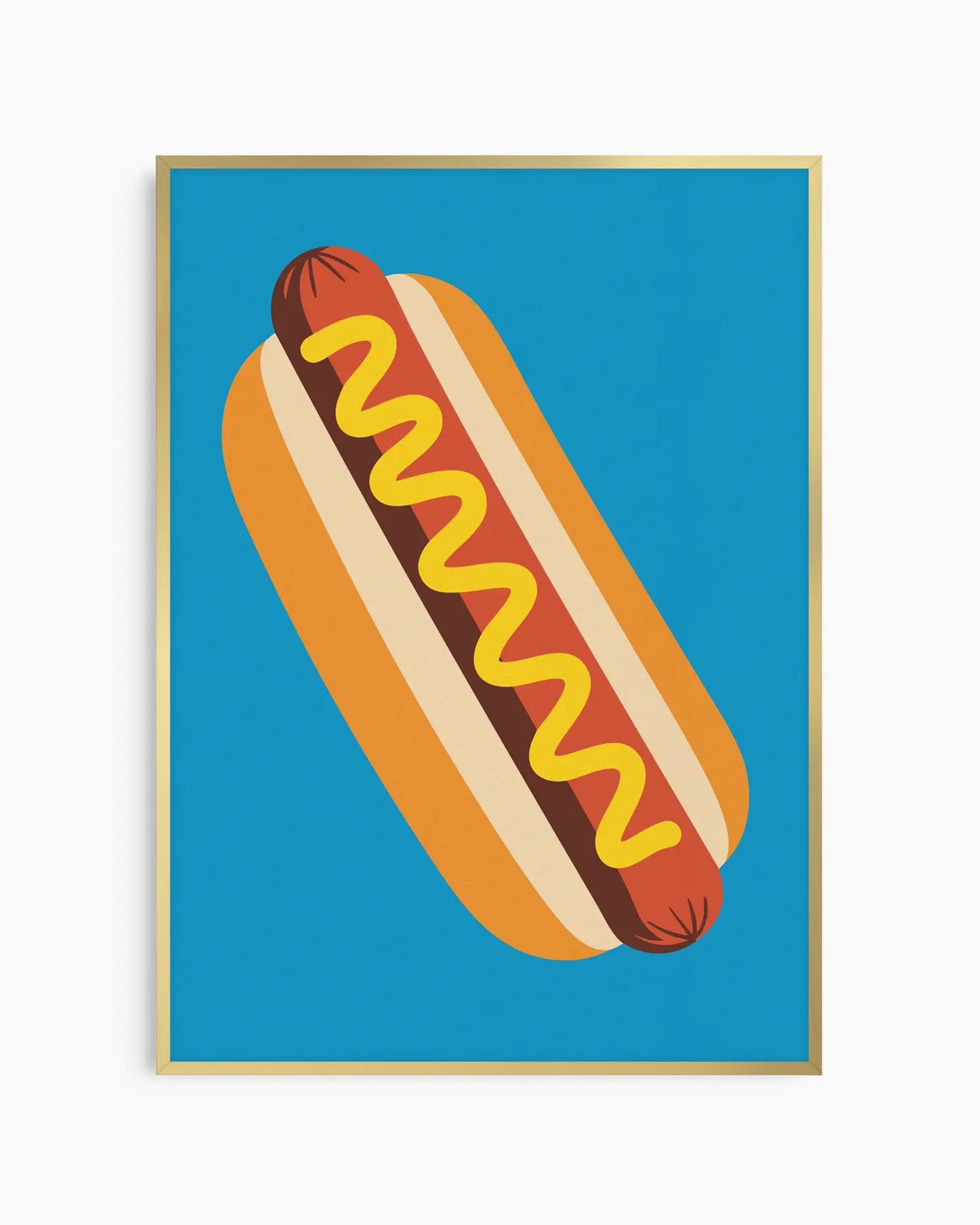 Illustration of a hot dog with mustard on a blue background