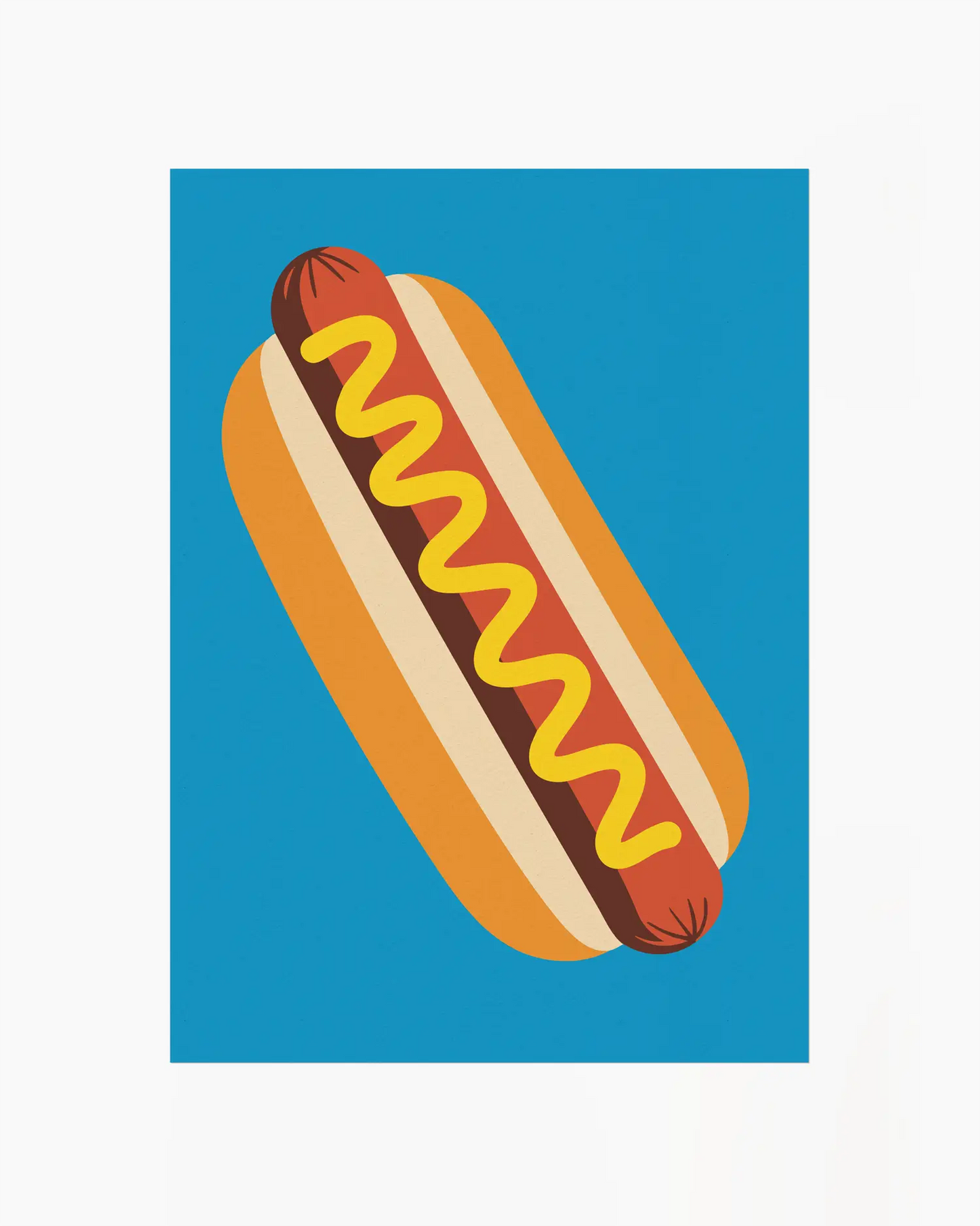 Illustration of a hot dog with mustard on a blue background