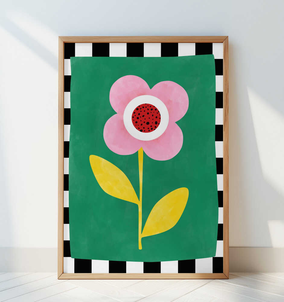 Children's poster of a big pink, red, white  and yellow flower on a green background and white and black stripes surrounding it like a frame