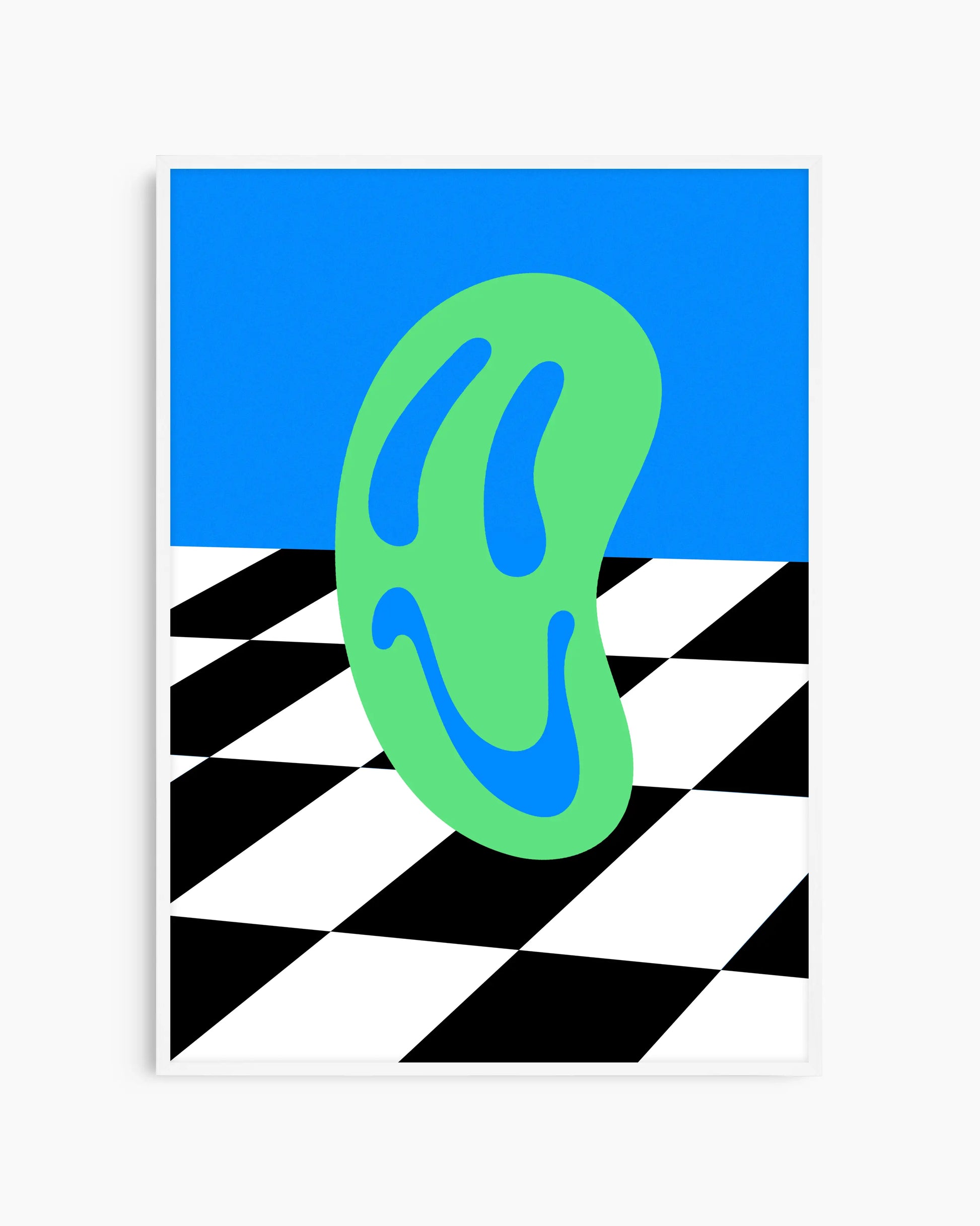 Children's poster of a green smiley on a blue background with black and white checkered pattern framed in a white frame.