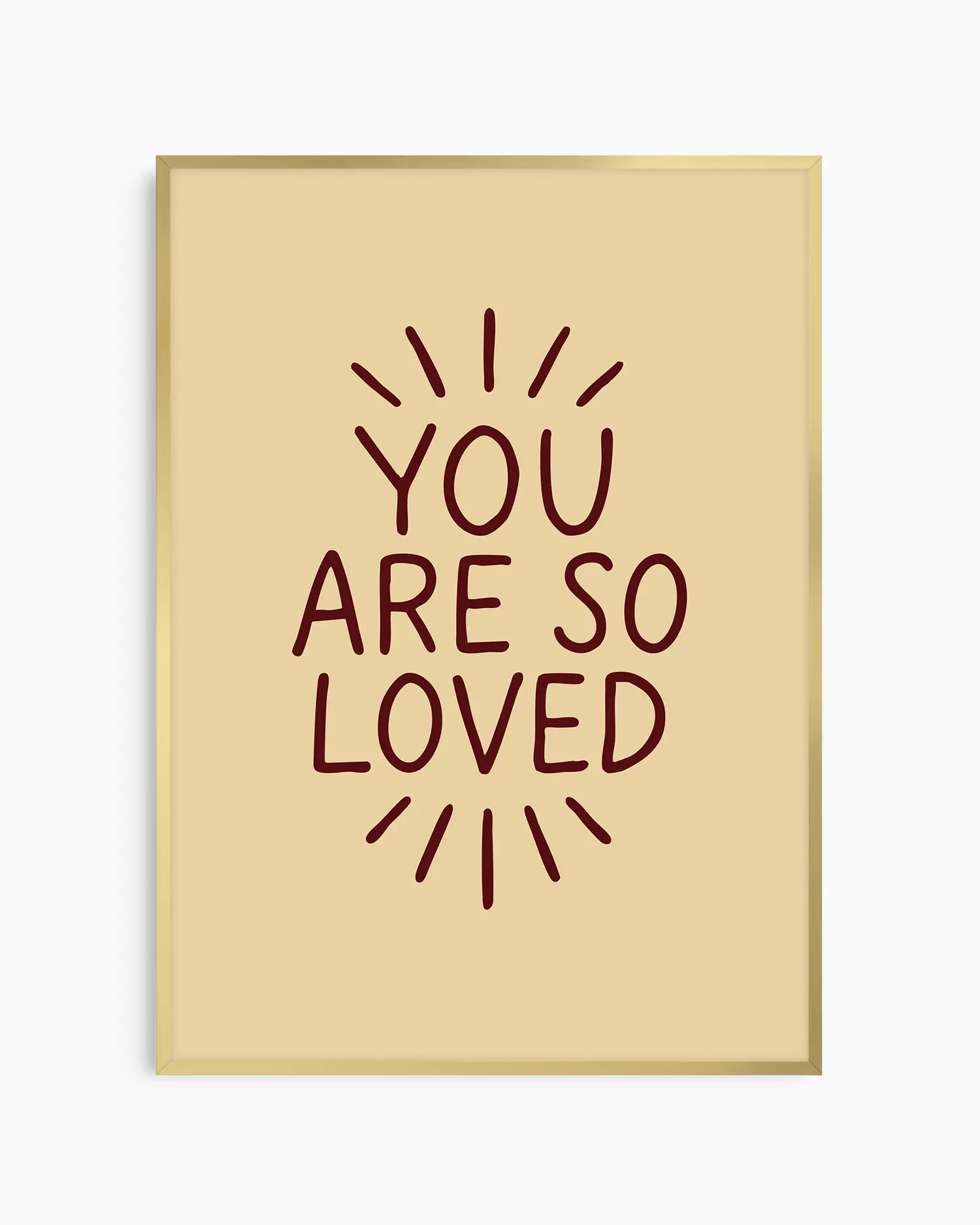 Children's poster with 'You are so loved' text framed in a golden frame.