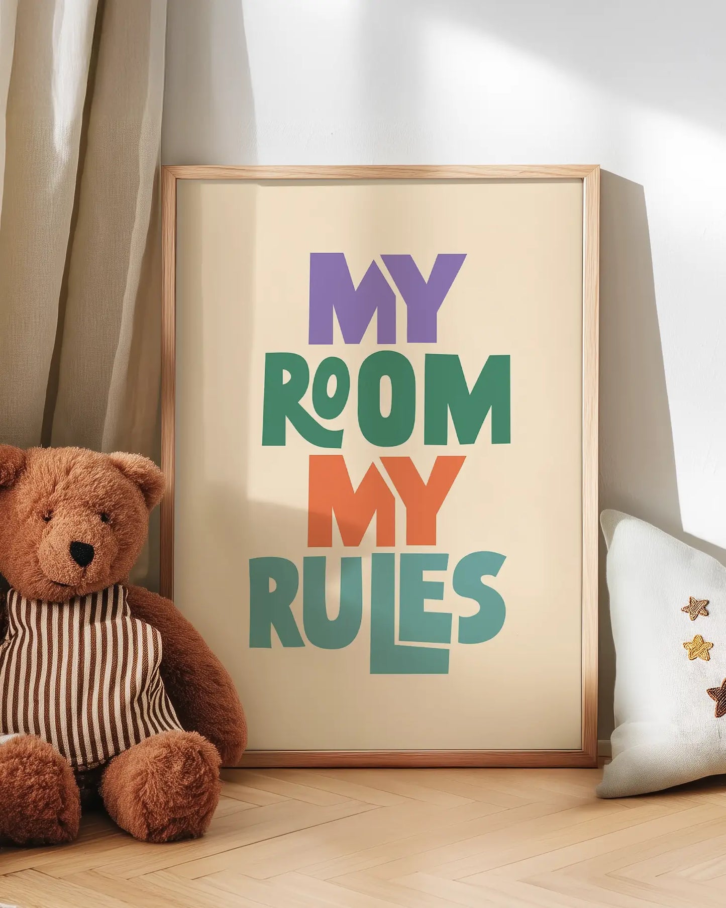 Poster with 'My Room My Rules' text next to a teddy bear on a wooden floor.