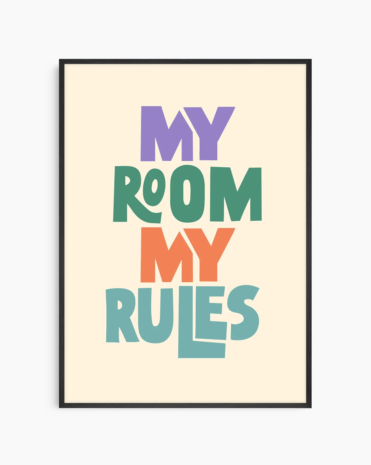 Beige children's poster with colorful text 'MY ROOM MY RULES' framed in a black frame.