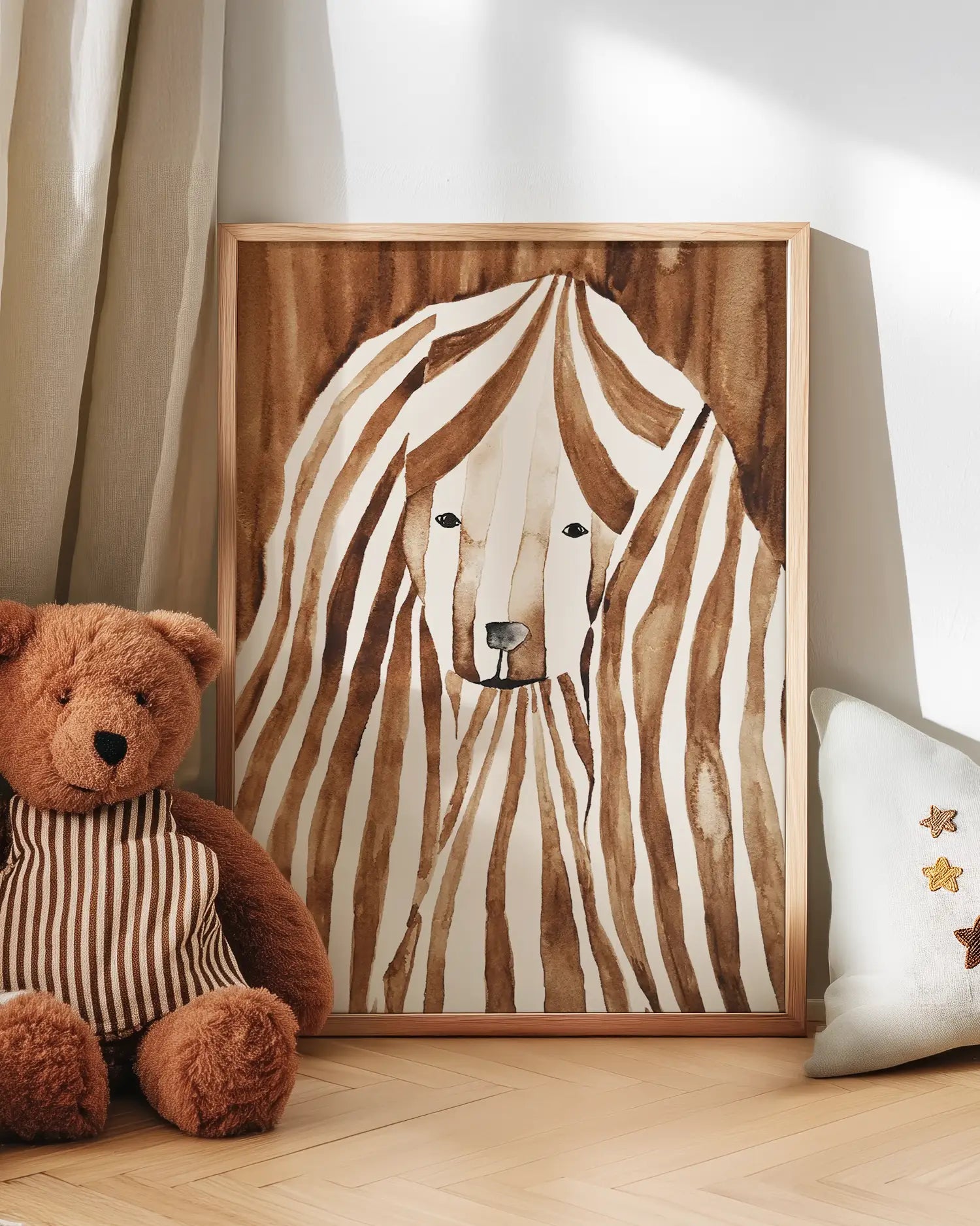 Cocker spaniel poster on a wooden floor with a teddy bear and pillow in the background.