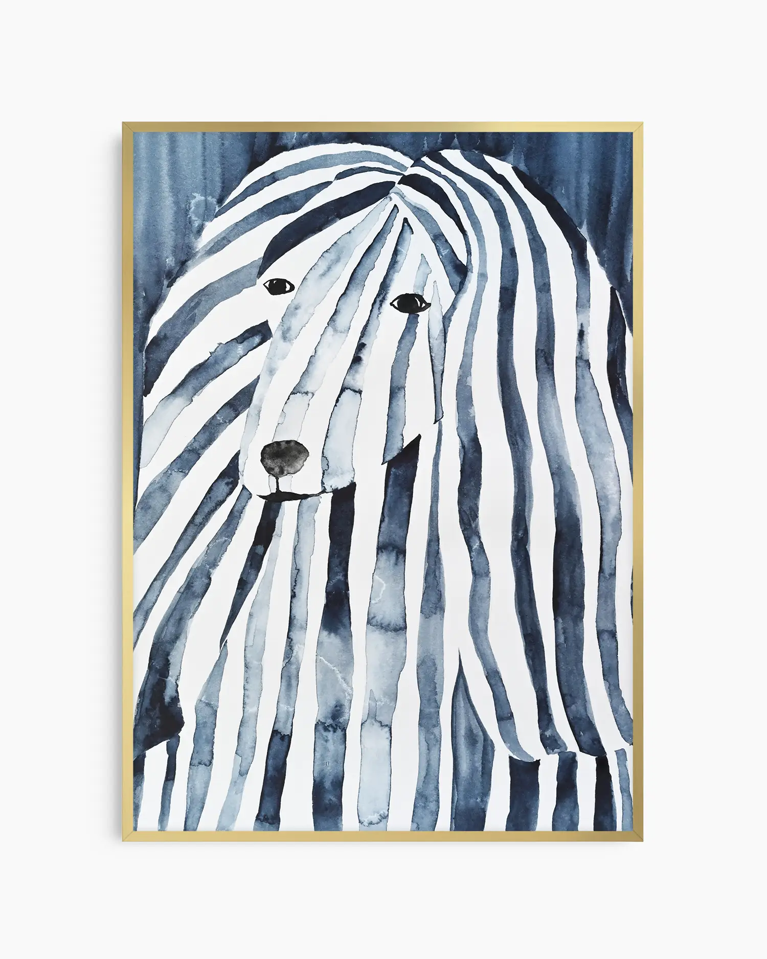 Watercolor painting of an afghan hound with blue and white stripes on a blue background framed in a gold frame