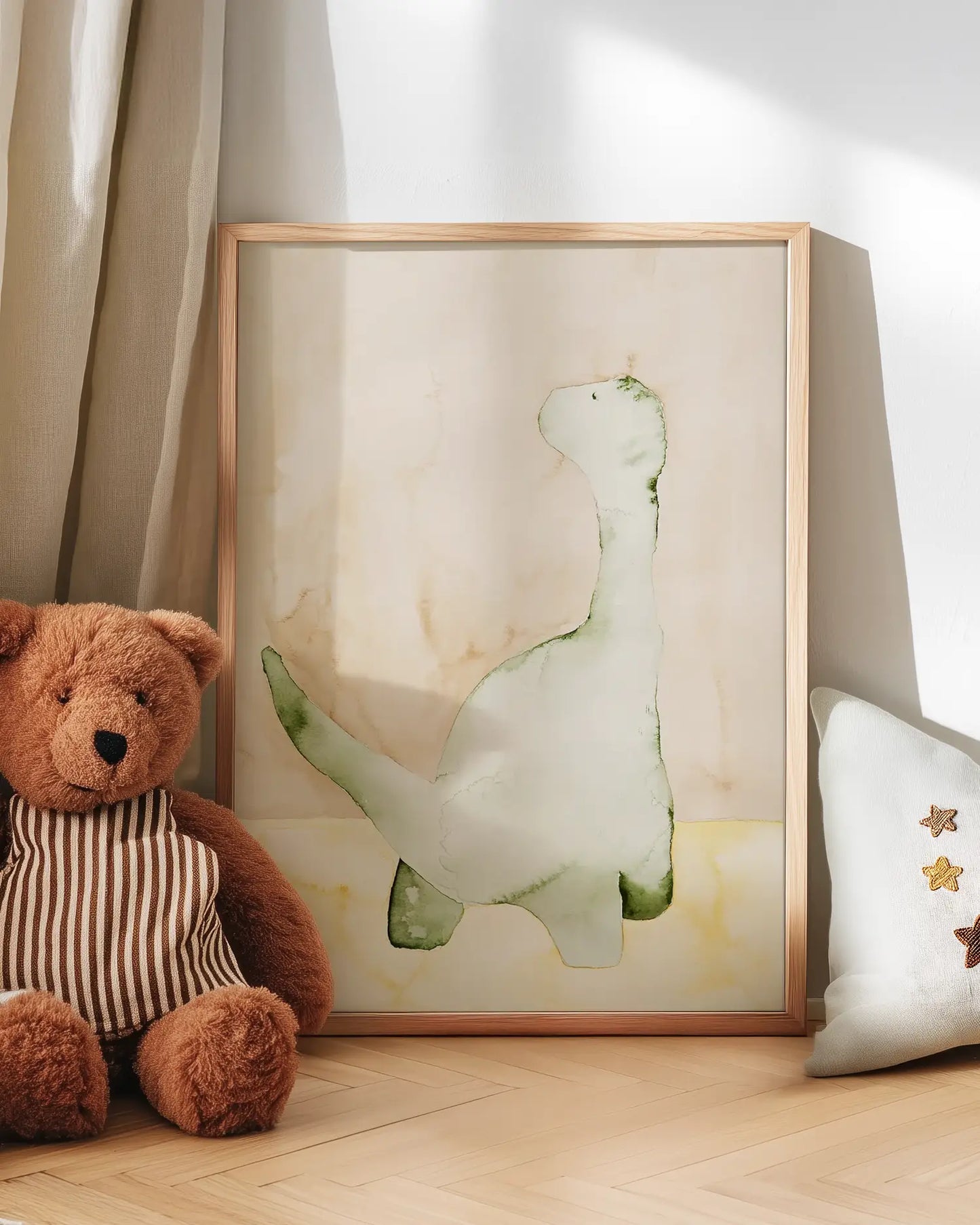 Artwork of a dinosaur next to a teddy bear on a wooden floor.