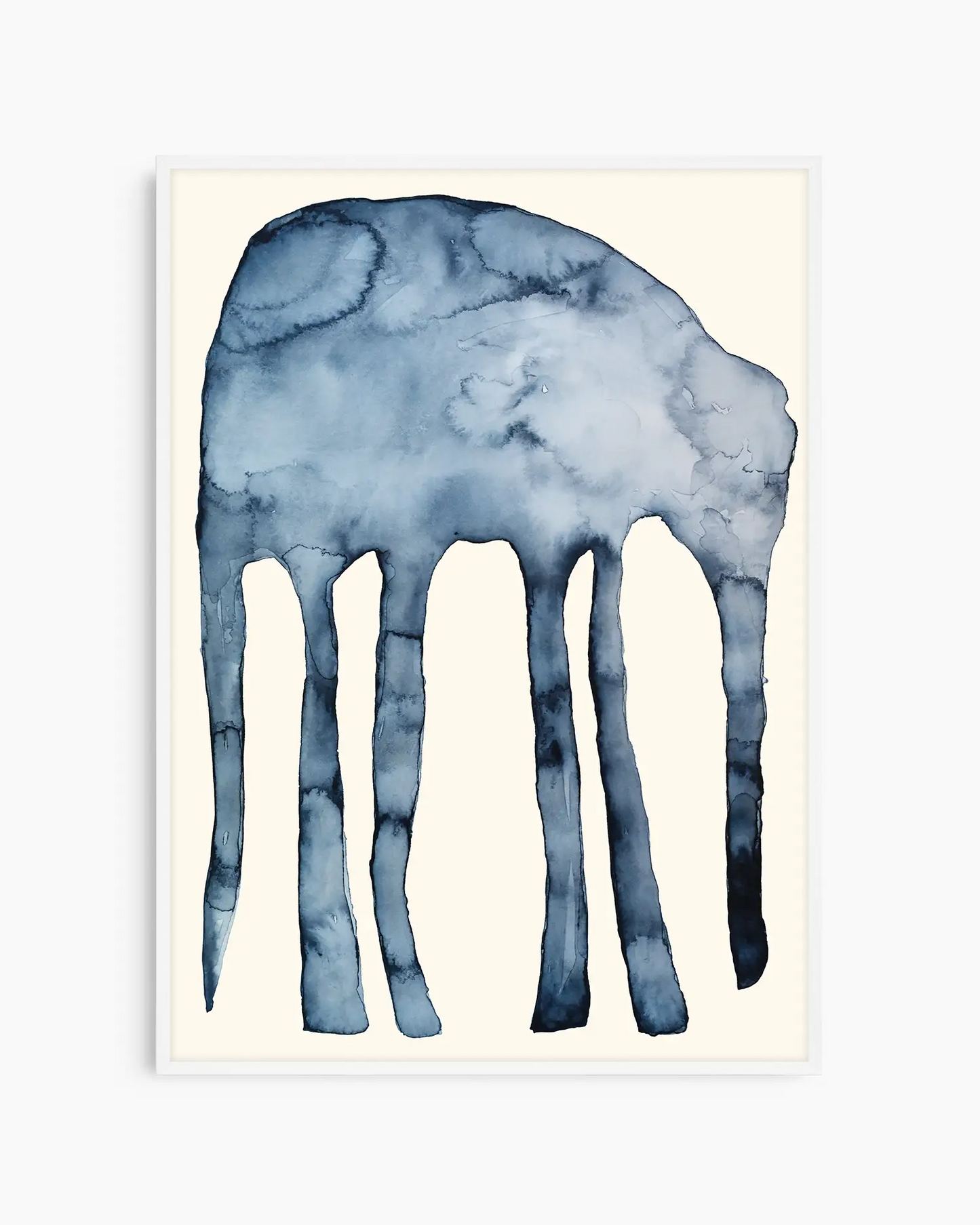 Blue watercolor painting of an elephant on a beige background inside of a white wooden frame