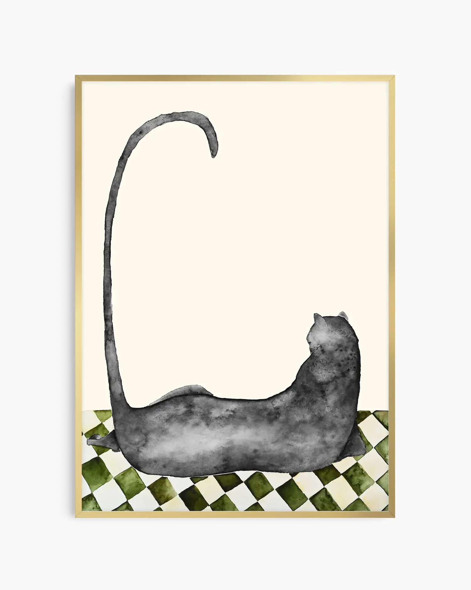 Illustration of a black cat lying on a checkered floor with a cream colored background framed in a gold frame.