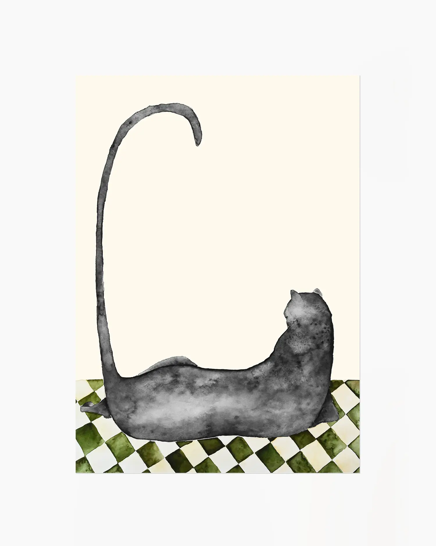 Illustration of a black cat lying on a checkered floor with a cream colored background